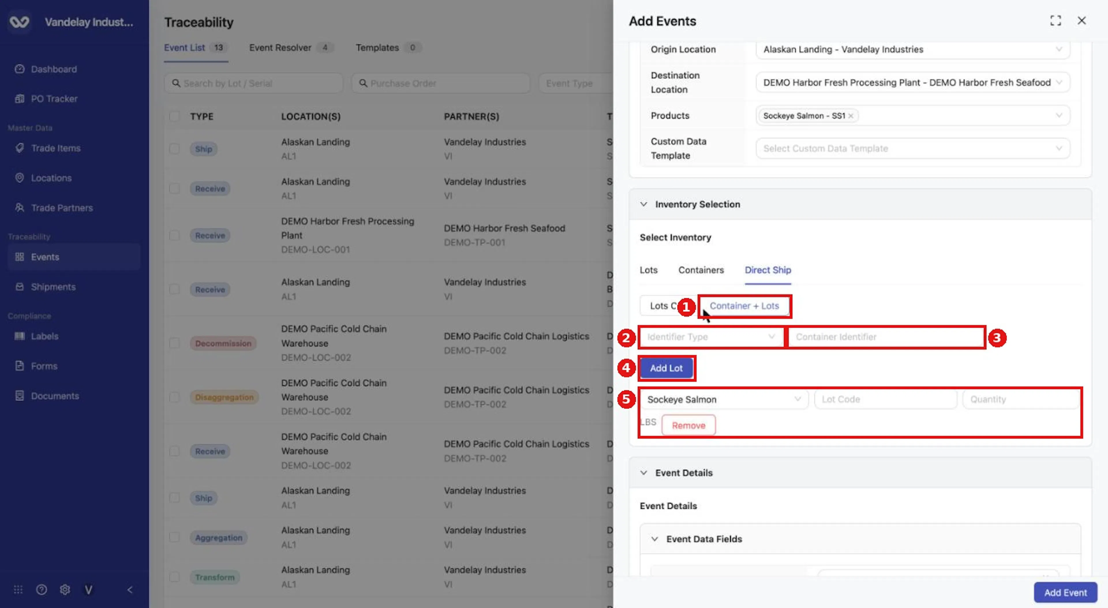 Container + Lots adds an Identifier Type and a Container Identifier above the lot rows.