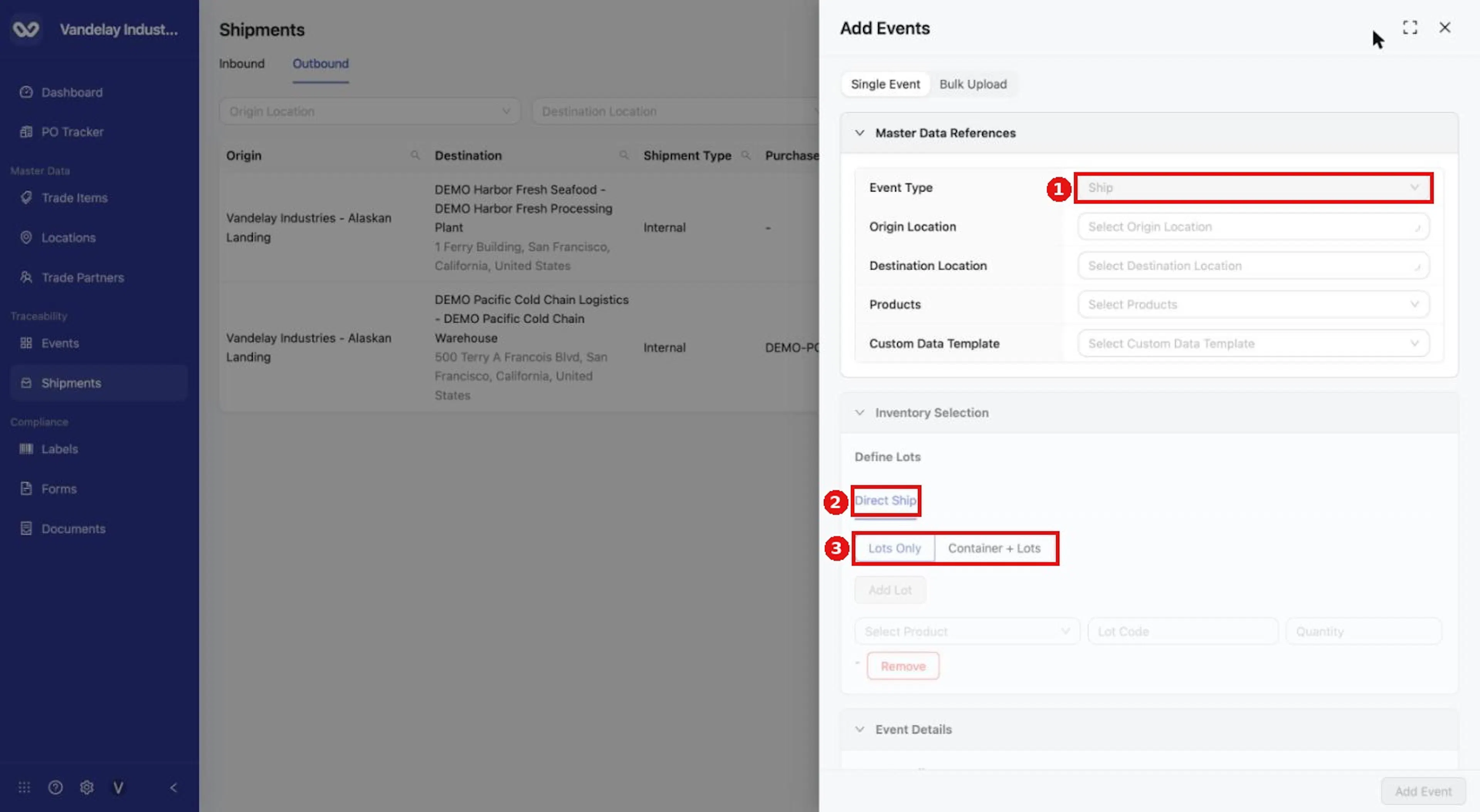 New Outbound Shipment opens the Add Events drawer with Event Type fixed to Ship and Direct Ship as the way to define lots.