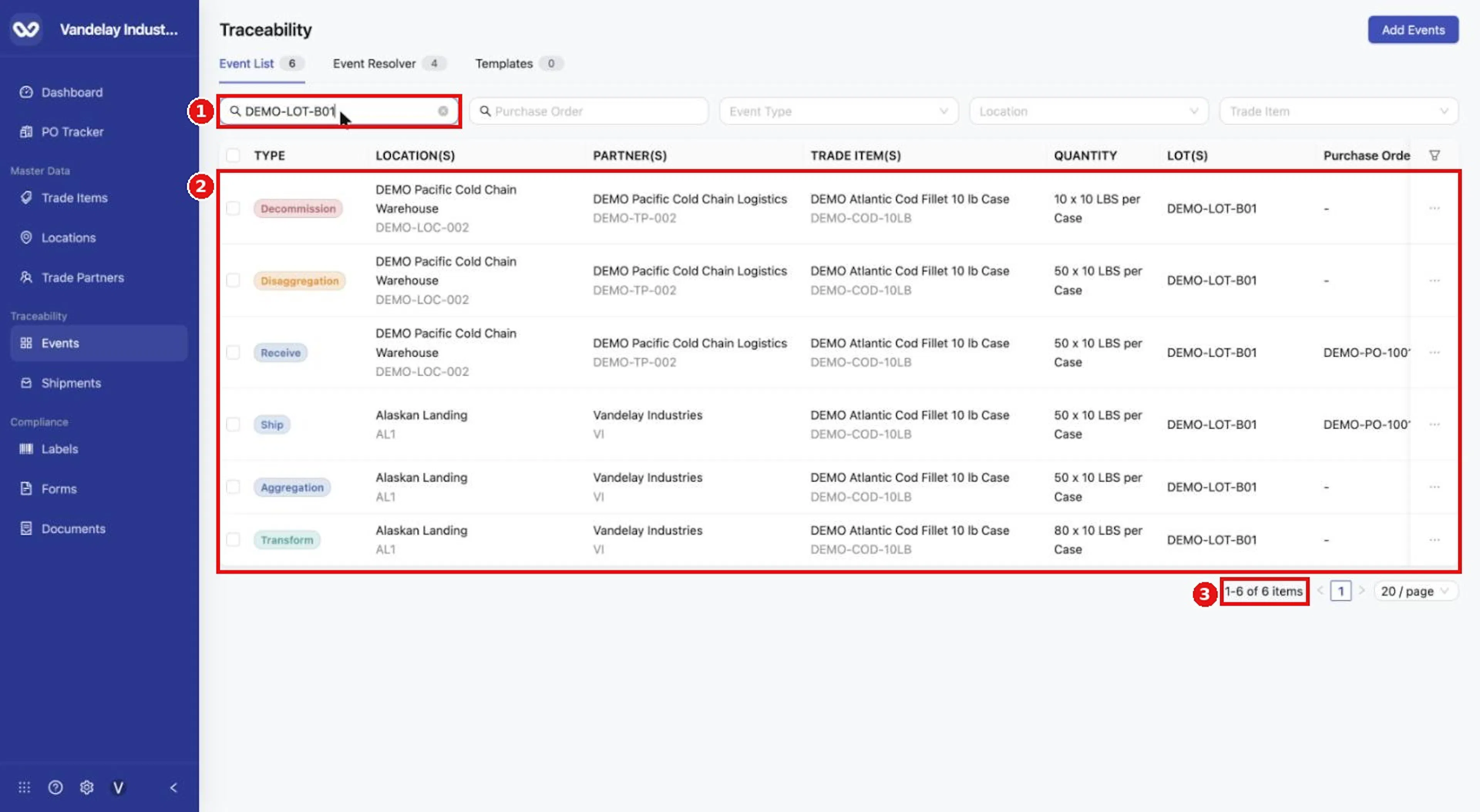 Search by Lot / Serial to see every event for a lot.
