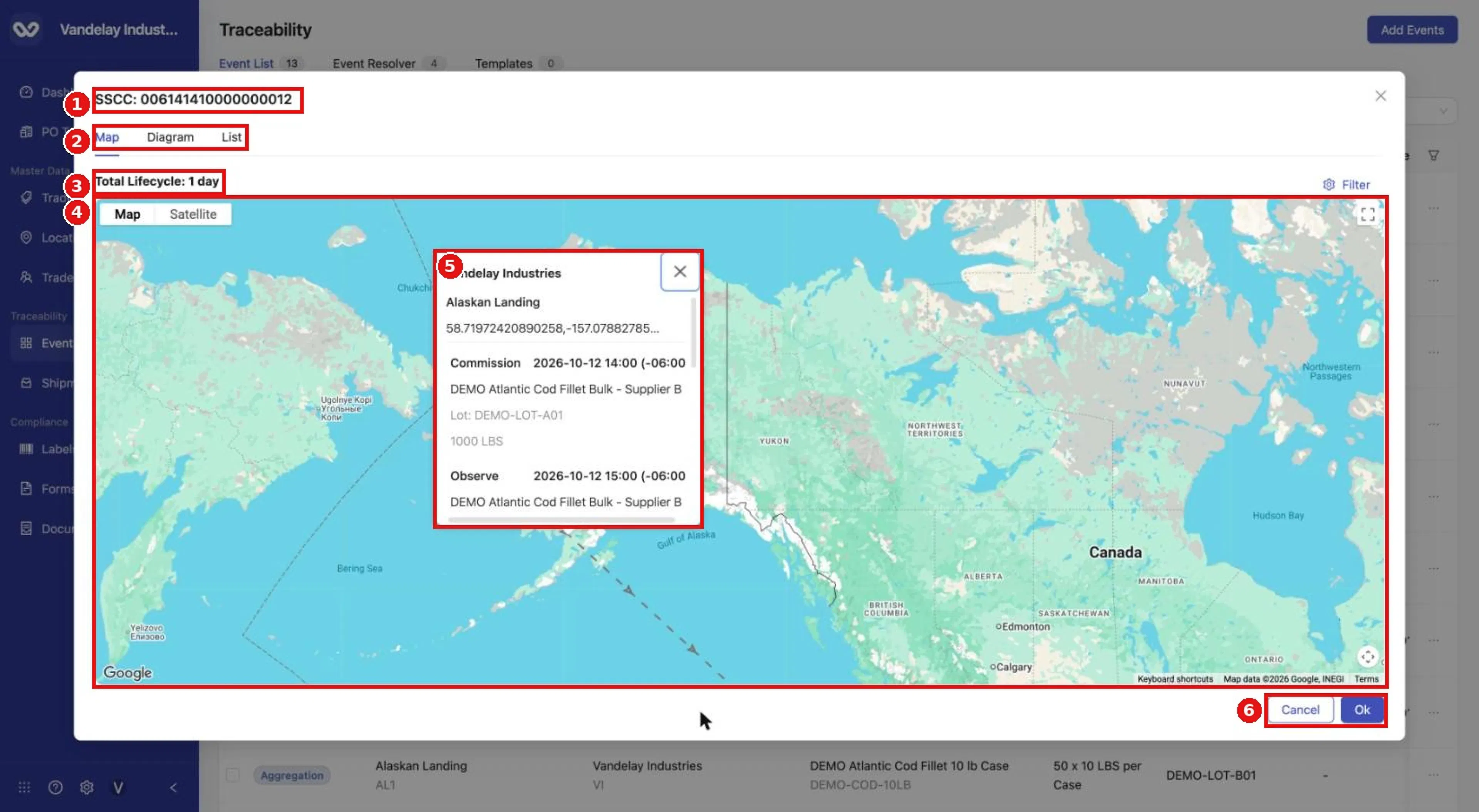 Click a row to open the lifecycle window. The Map tab shows locations, a route line with arrows, and popups listing events.