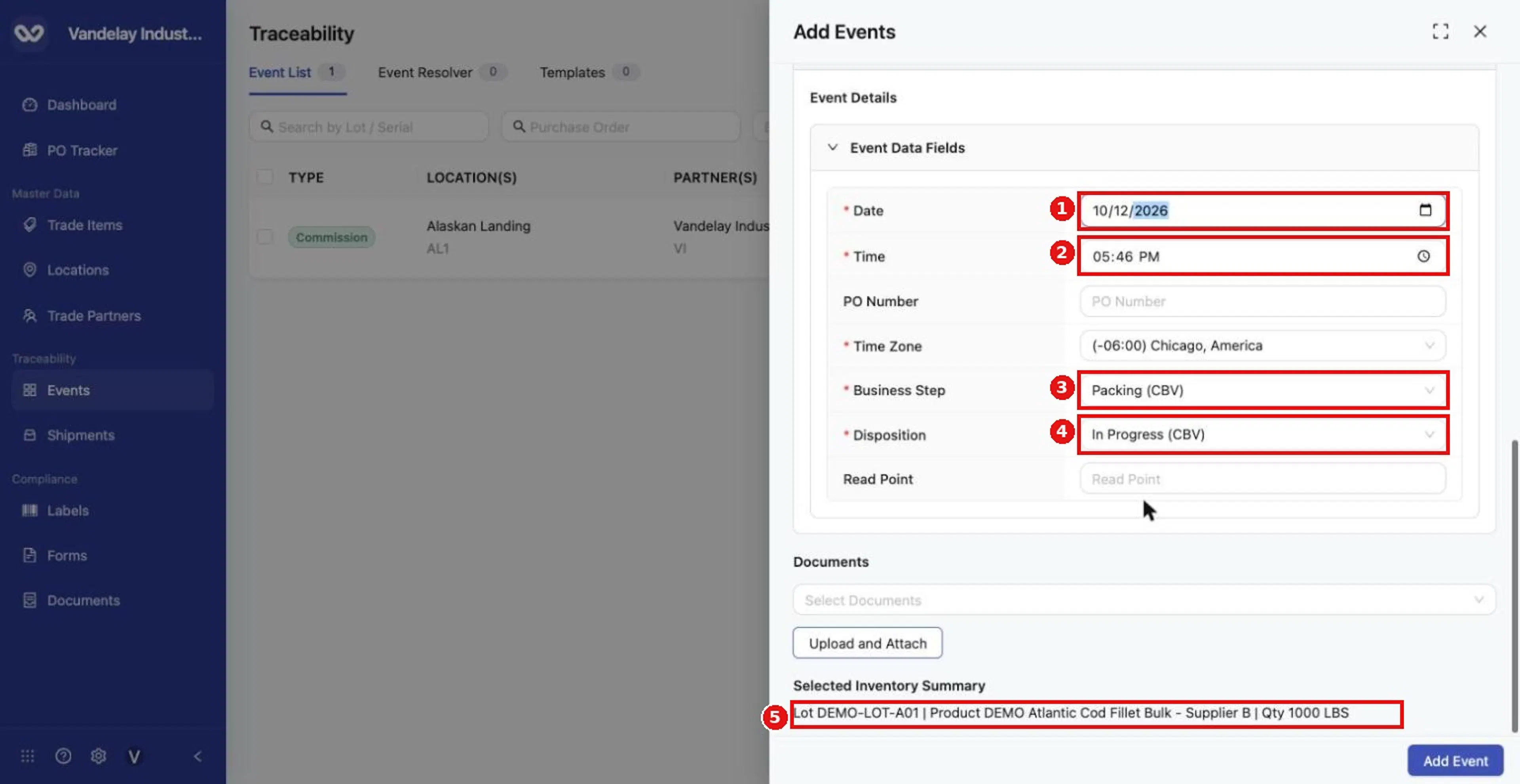 Set the Date, Time, Time Zone, Business Step and Disposition. The Selected Inventory Summary confirms the lot and quantity.