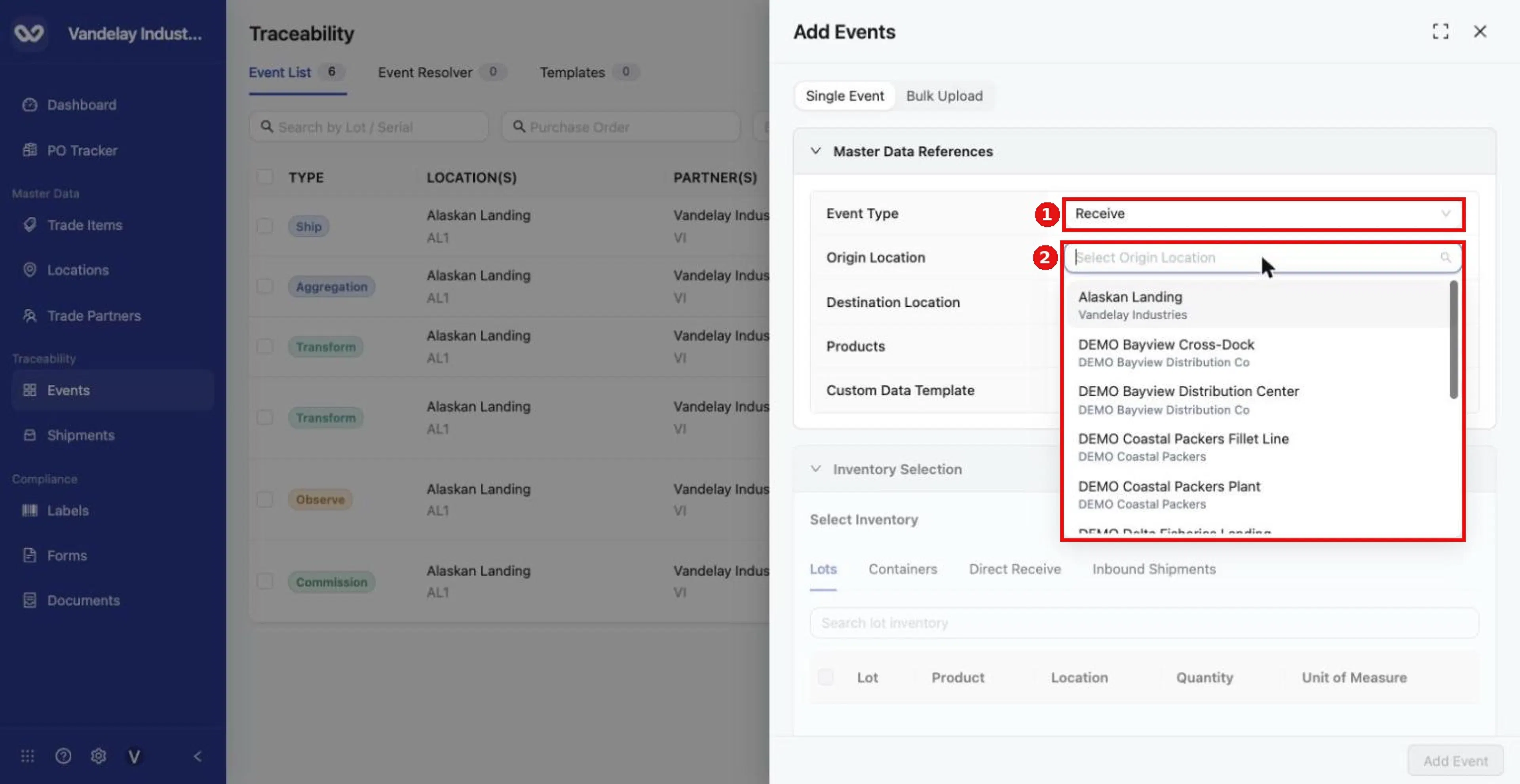 For a Receive, choose Event Type Receive and an Origin Location. The Origin Location list shows each location with its company.