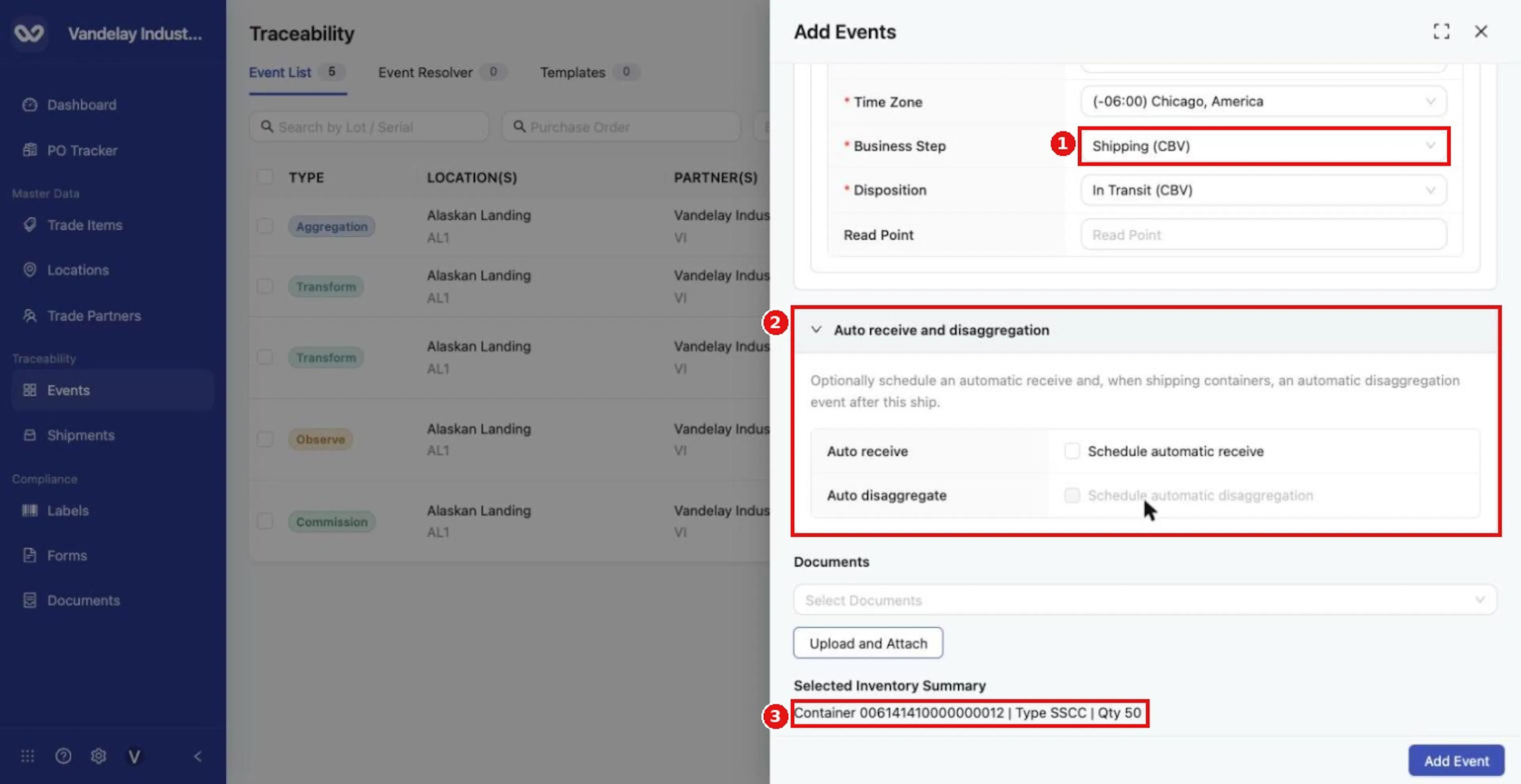 Optionally use Auto receive and disaggregation to schedule follow-on events. Review the Selected Inventory Summary.