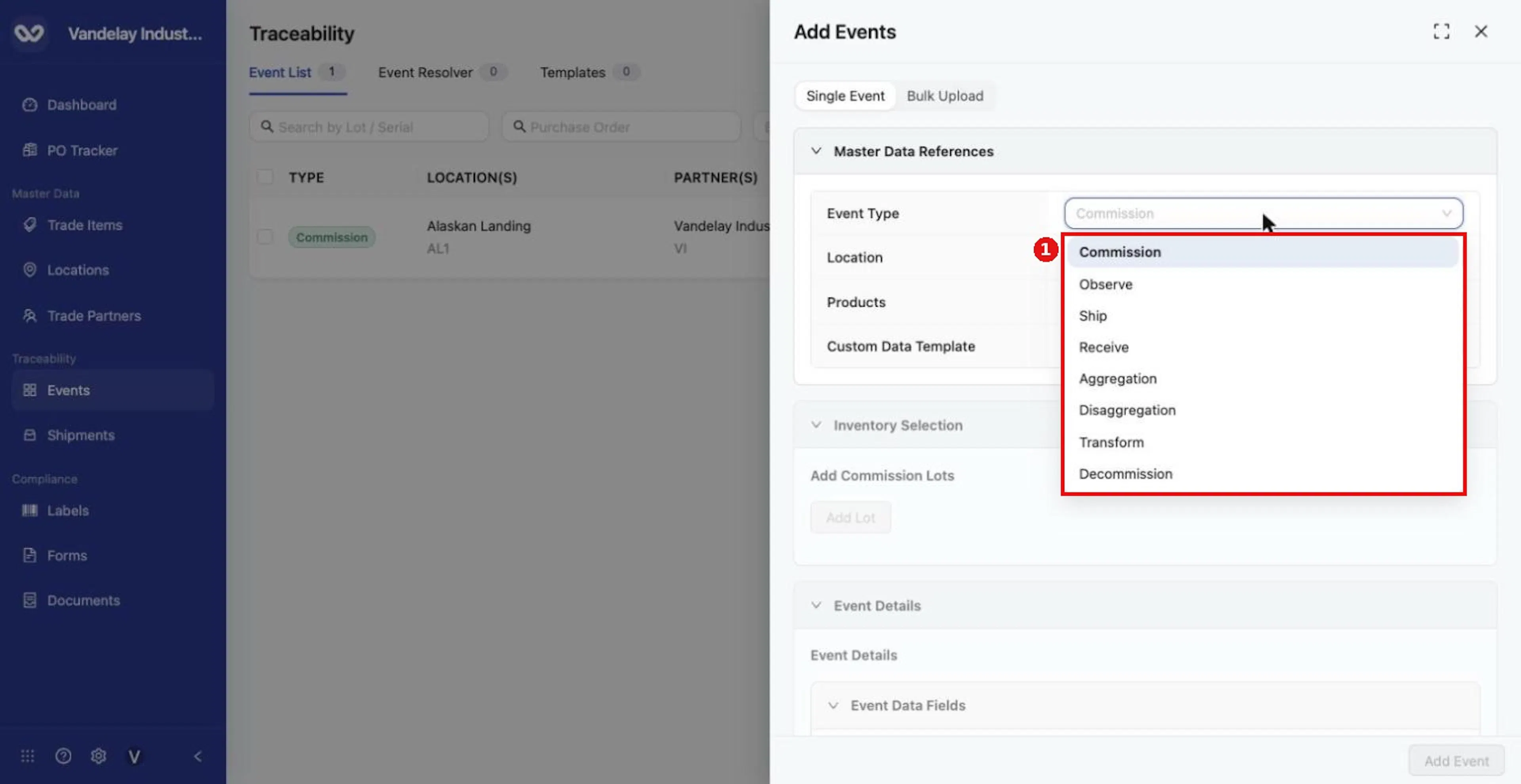 Open the Event Type list to see the eight event types: Commission, Observe, Ship, Receive, Aggregation, Disaggregation, Transform and Decommission.