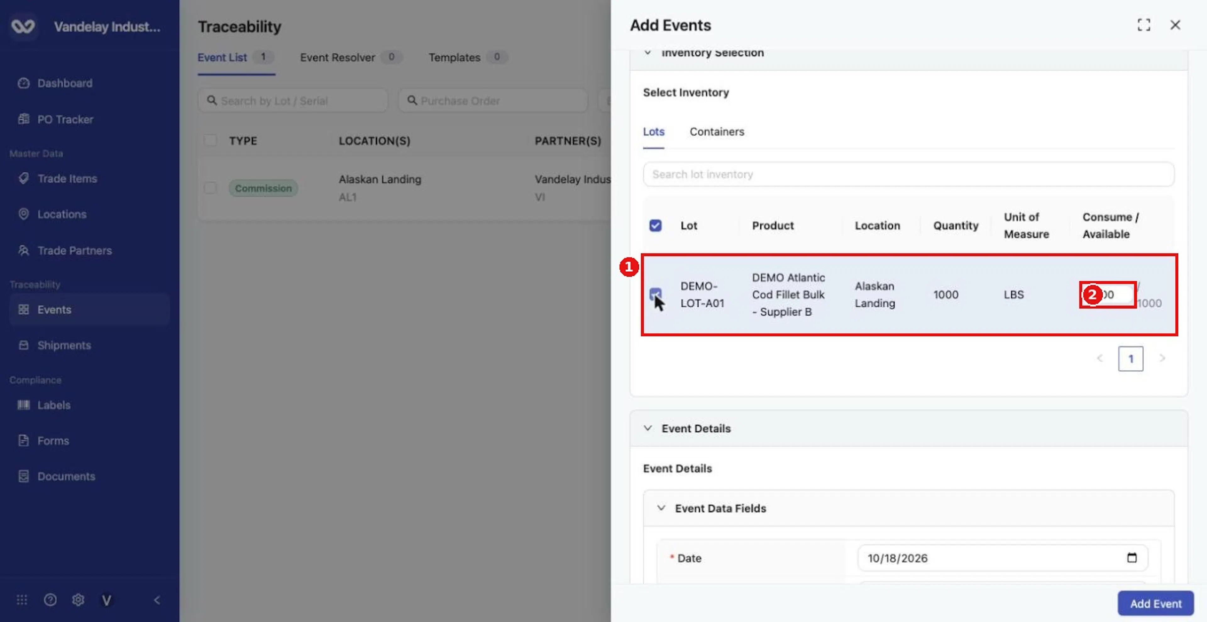 Tick the lot to observe. The Consume / Available column shows how much of the lot is selected.