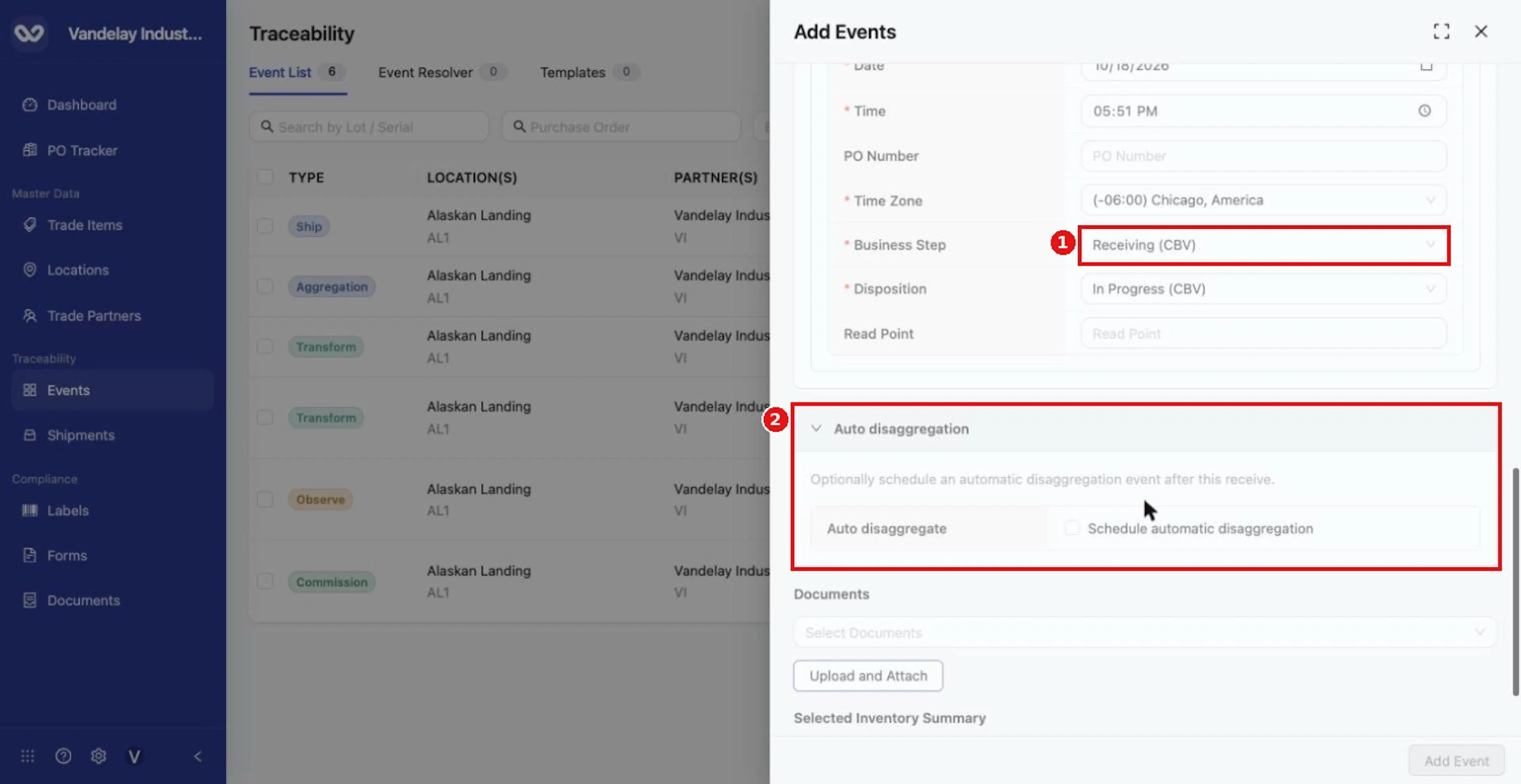 Set the event details. Auto disaggregation is optional and lets you schedule a follow-on Disaggregation.