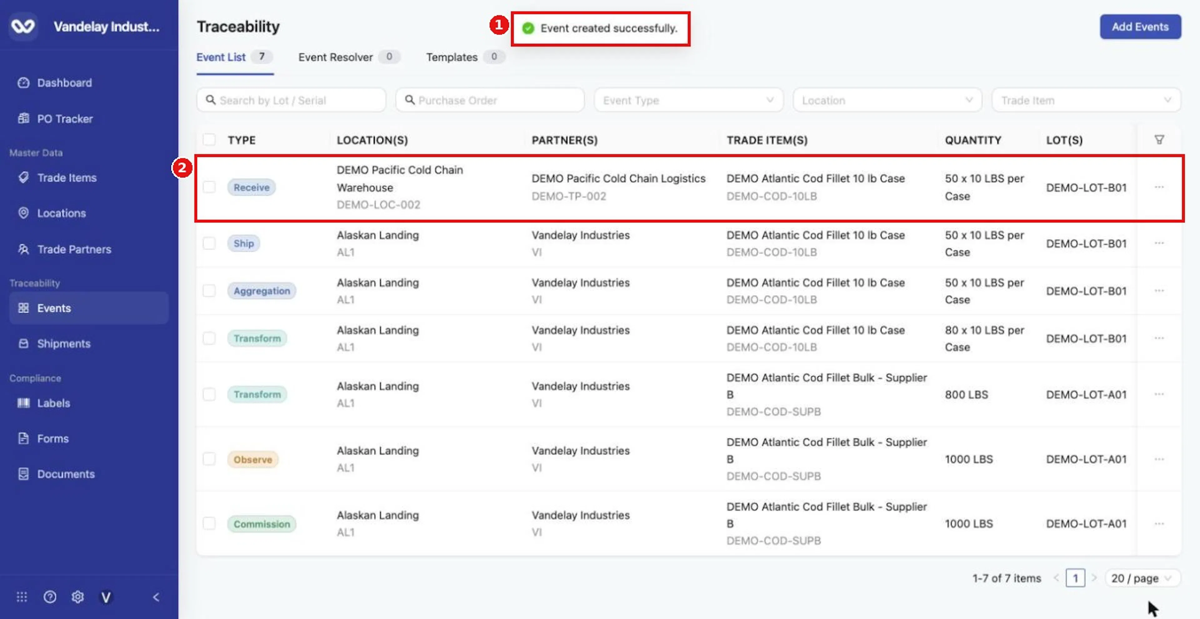 The Receive appears at the top of the Event List.