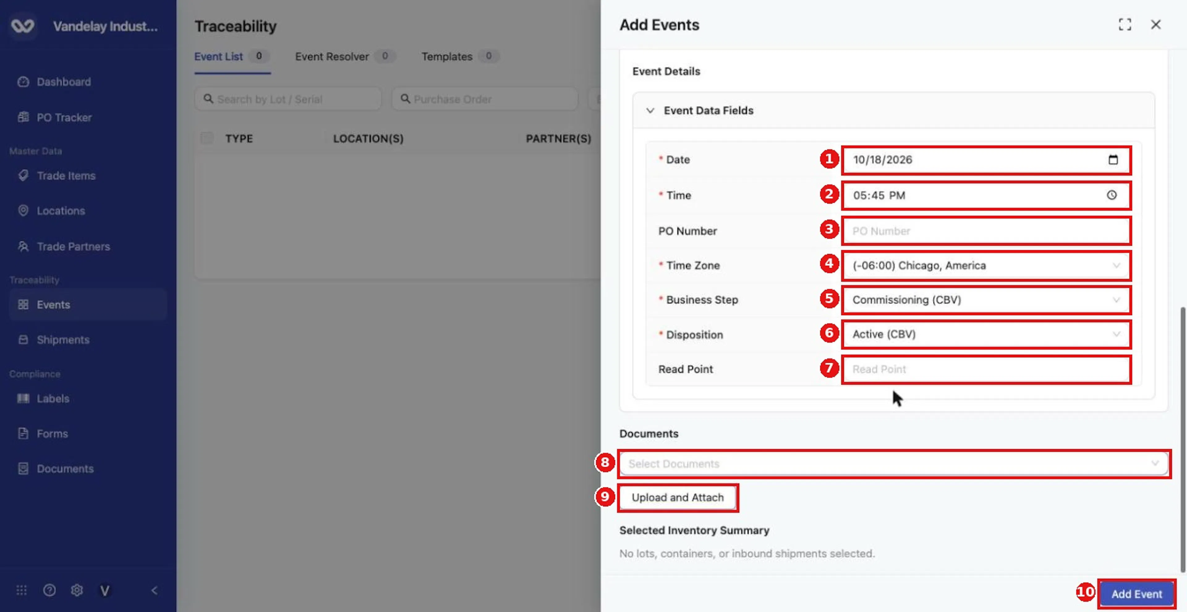 Complete Event Details: Date, Time, PO Number, Time Zone, Business Step, Disposition and Read Point. Required fields carry a red asterisk.