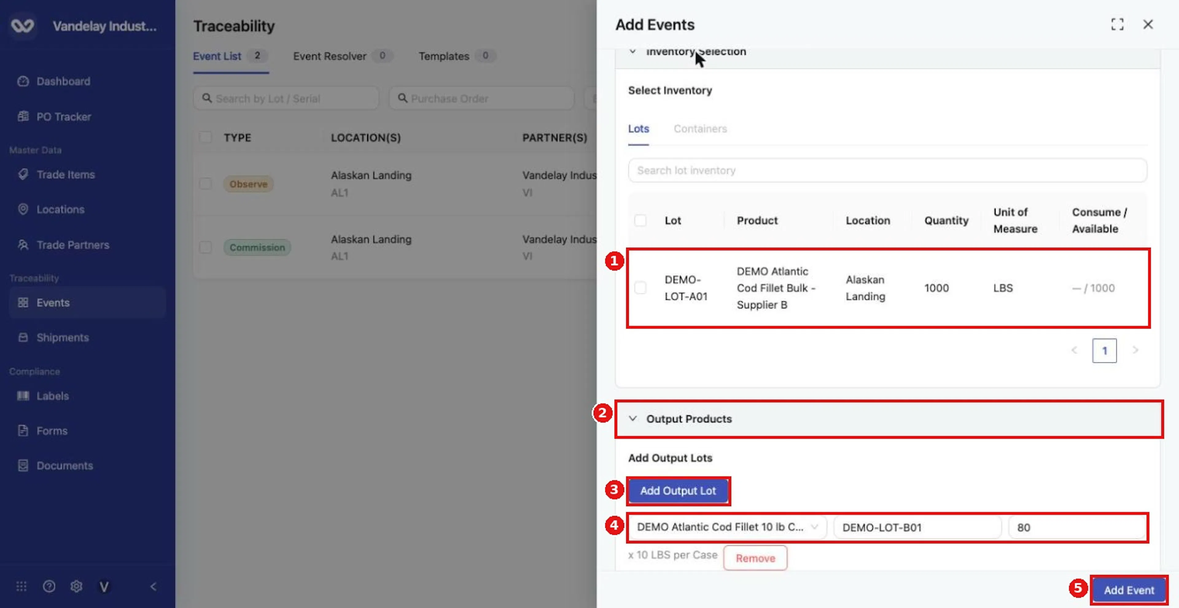 Select the input lot, then use Add Output Lot to define each output product, lot code and quantity.