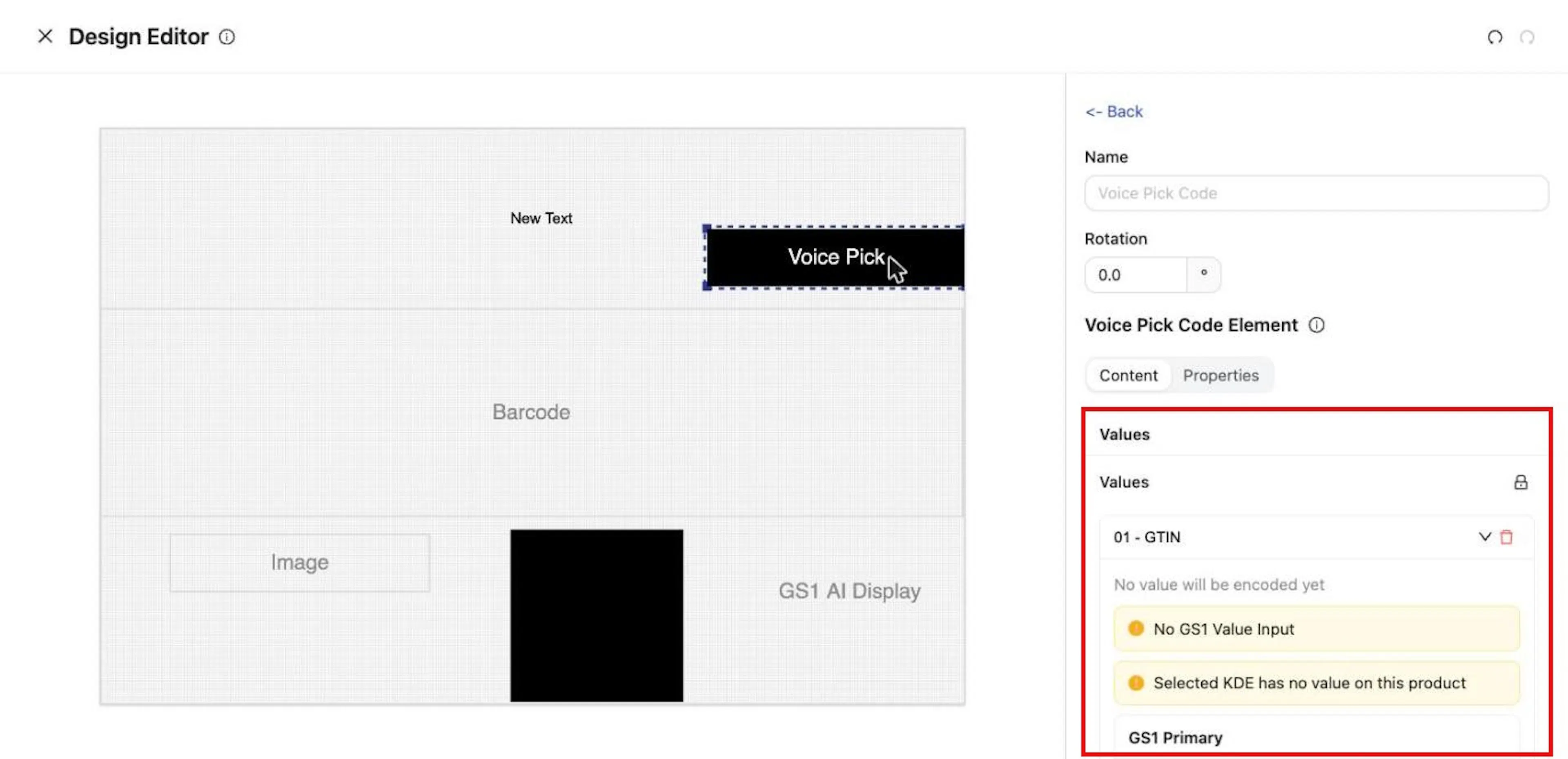 A Voice Pick Code element lists the AI Values it is built from.