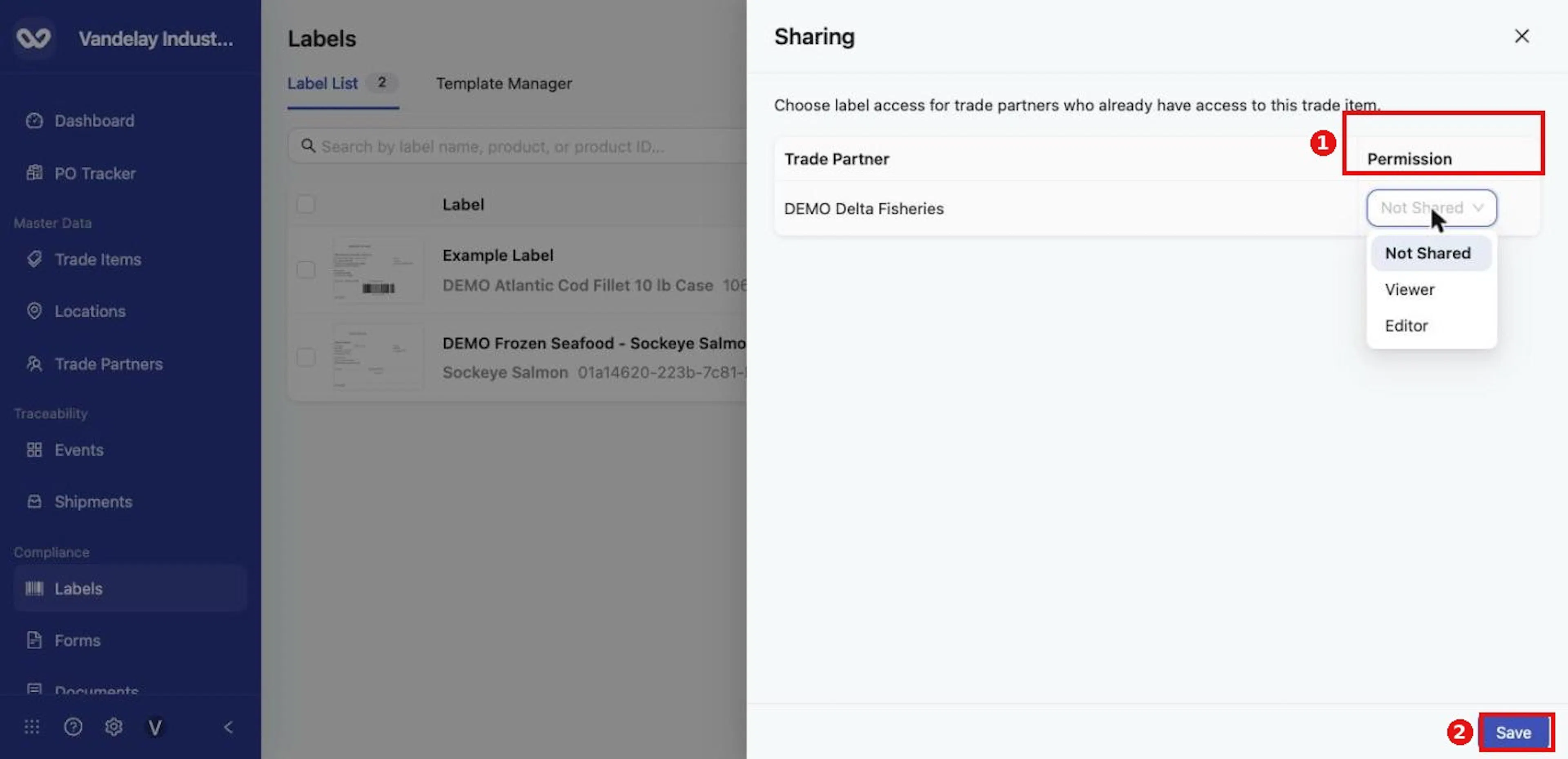 Set each partner's Permission to Not Shared, Viewer or Editor, then click Save.