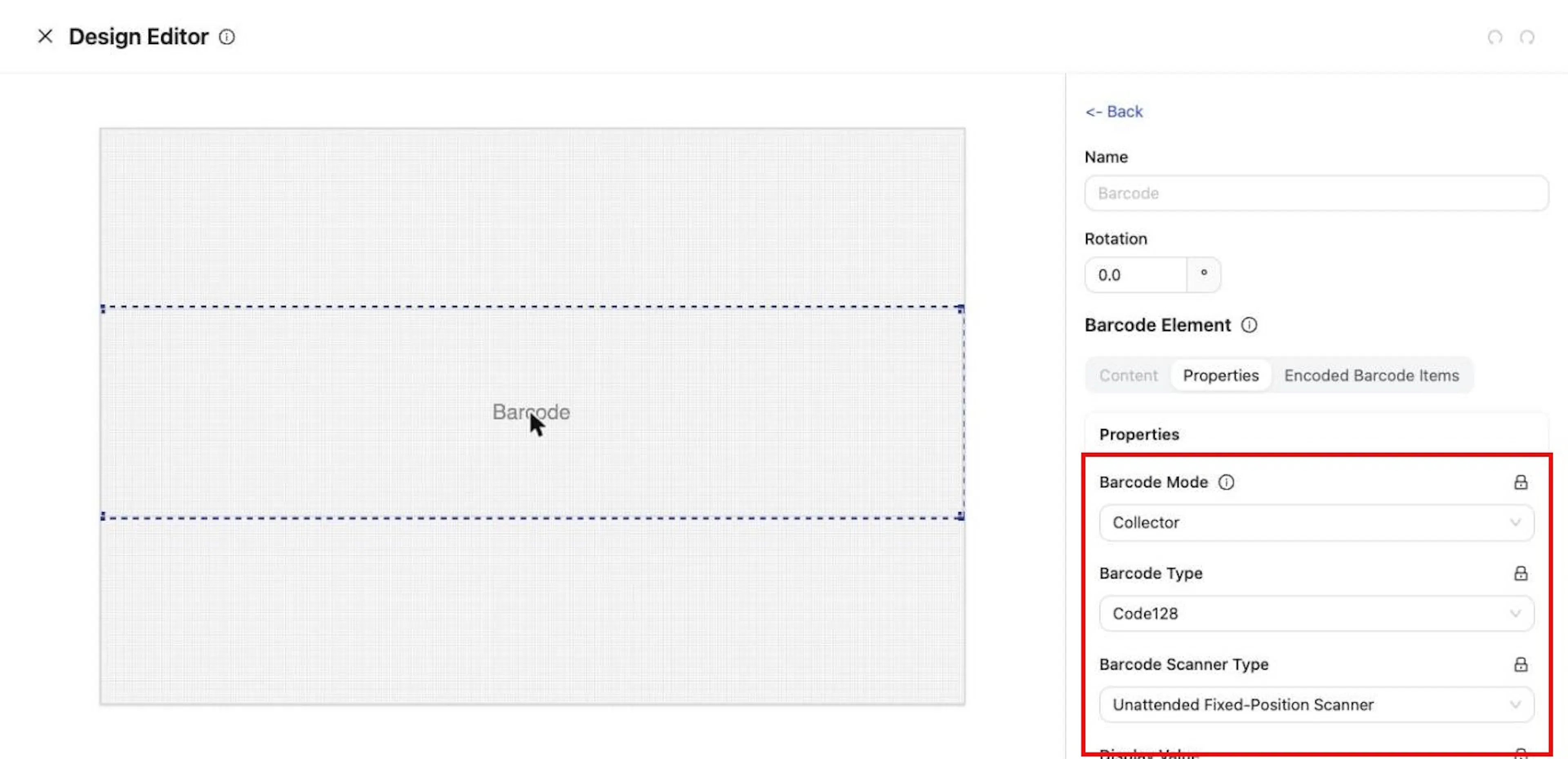 A barcode's Properties: Barcode Mode, Barcode Type, Barcode Scanner Type and Display Value.