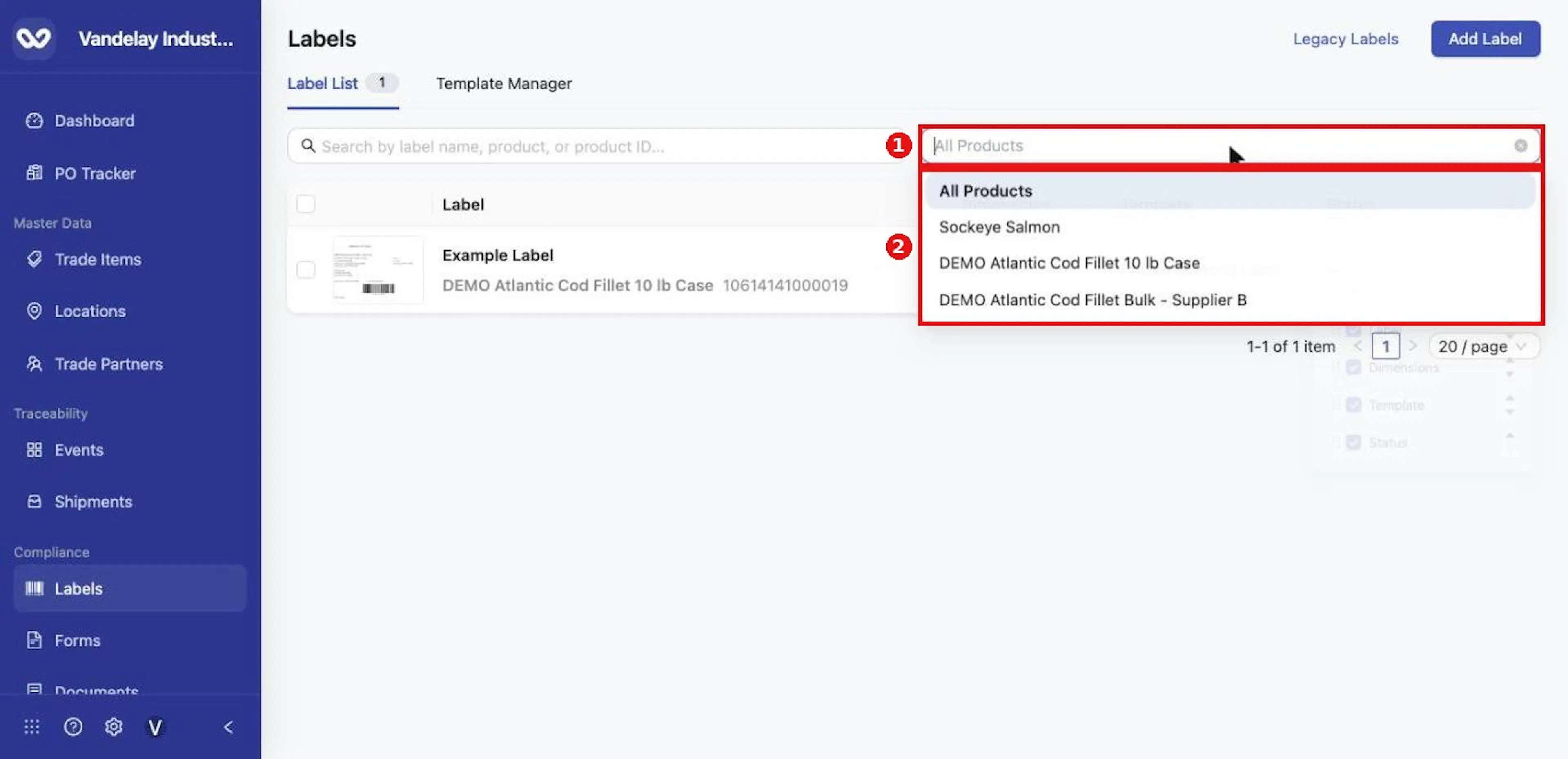 Use the All Products drop-down to show only one trade item's labels.