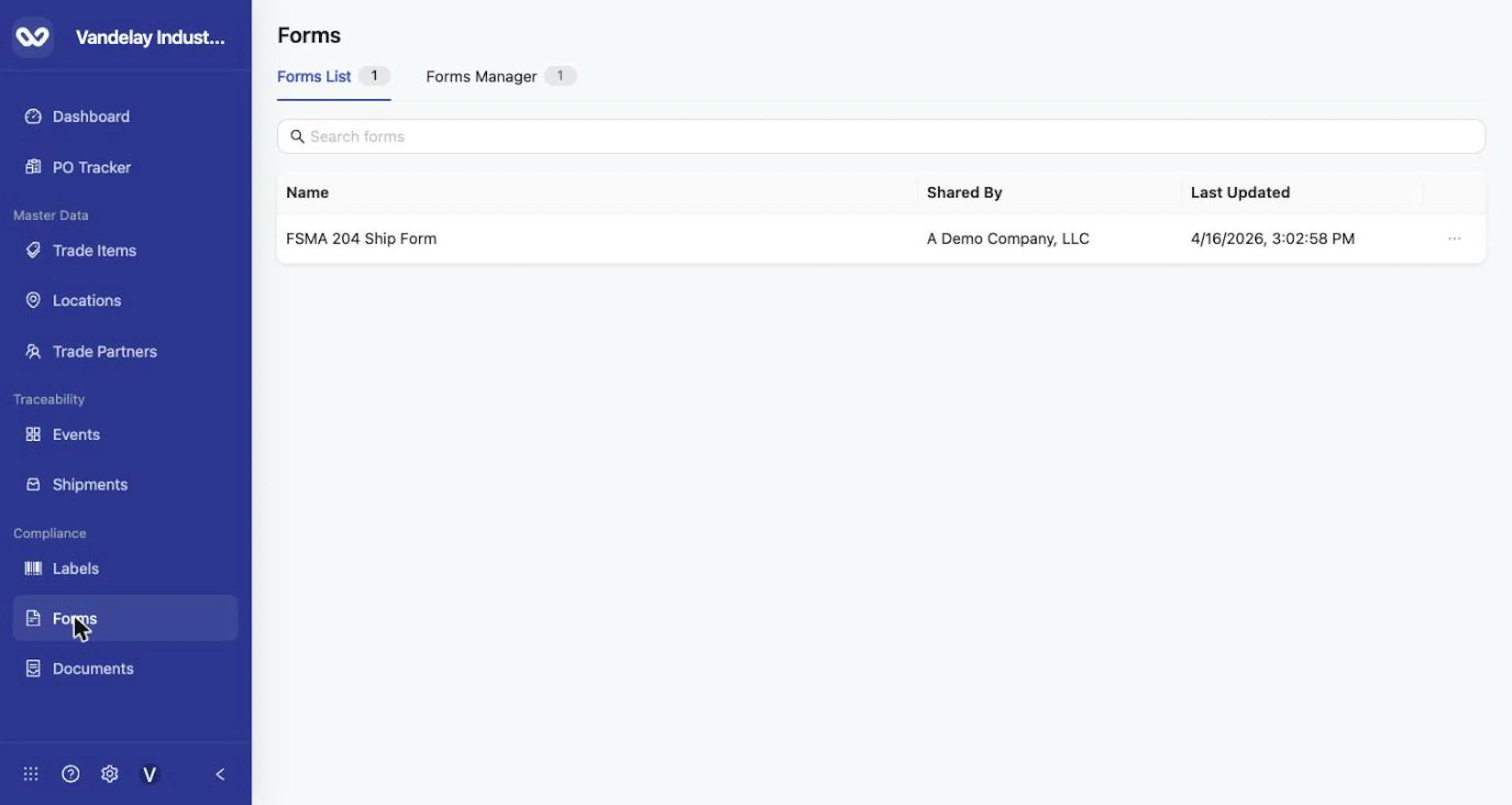 Forms List: forms that connected trade partners shared with your account.