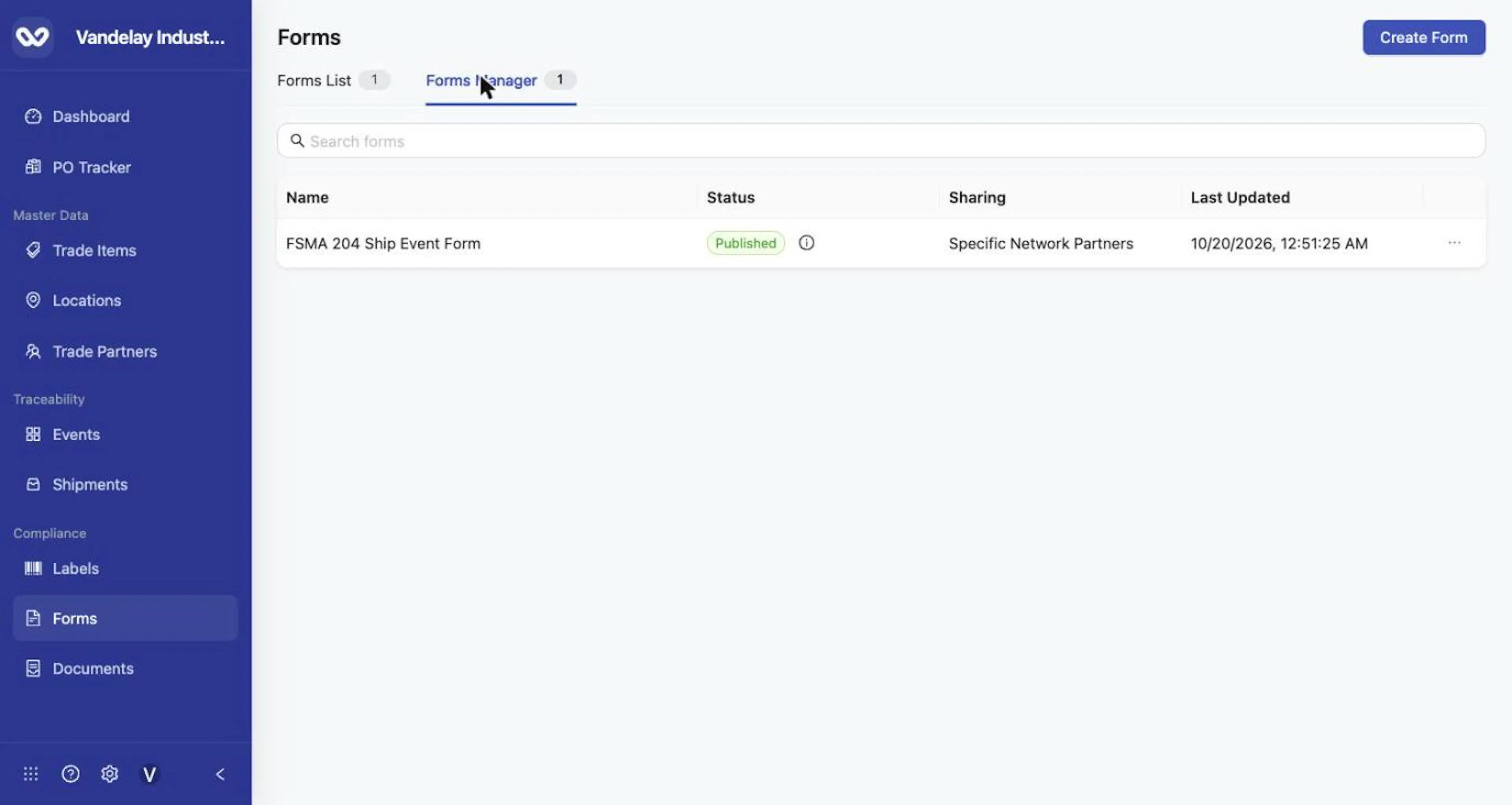 Forms Manager: forms your account owns, with Status and Sharing columns and the Create Form button.