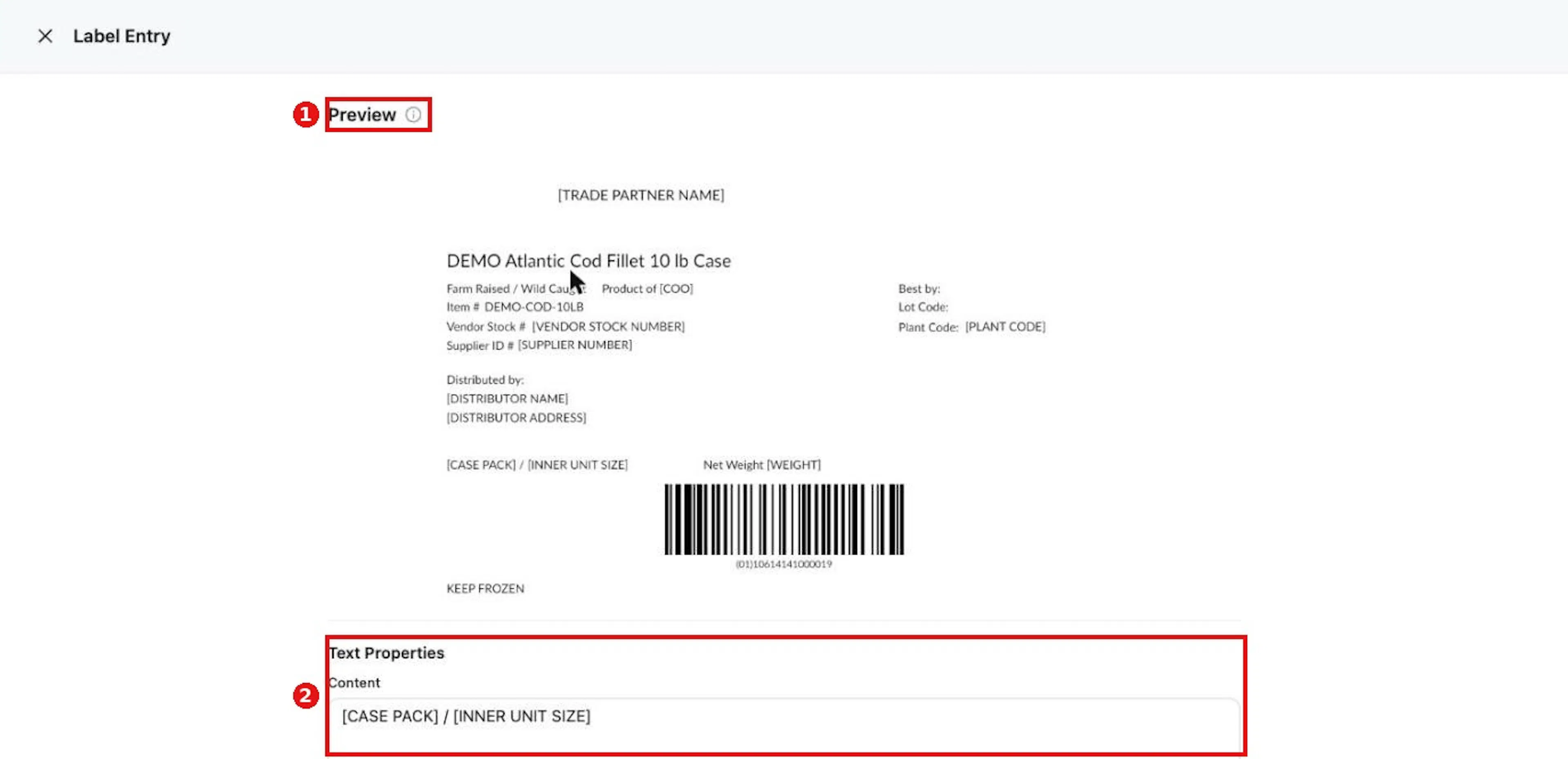 Click a label row to open Label Entry. The Preview is at the top and the form below it.