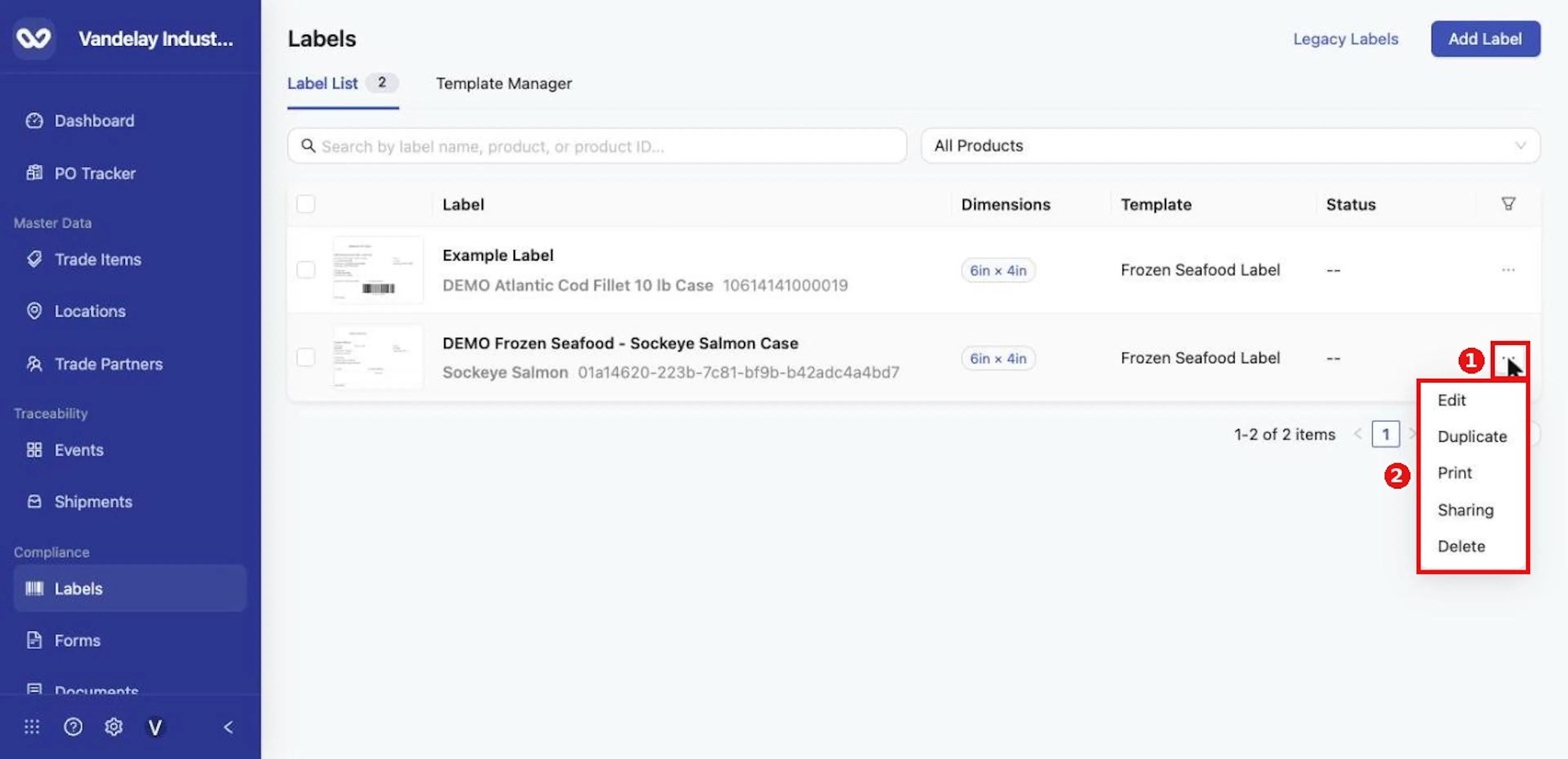 The row menu offers Edit, Duplicate, Print, Sharing and Delete.