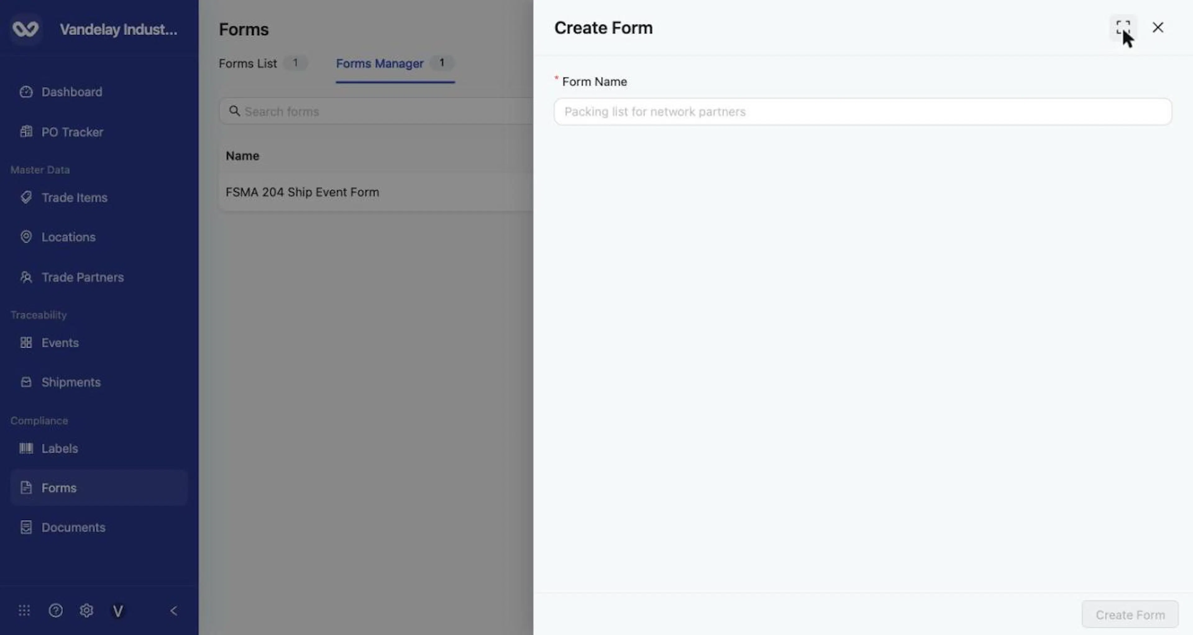 Select Create Form to open the drawer; Form Name is required.