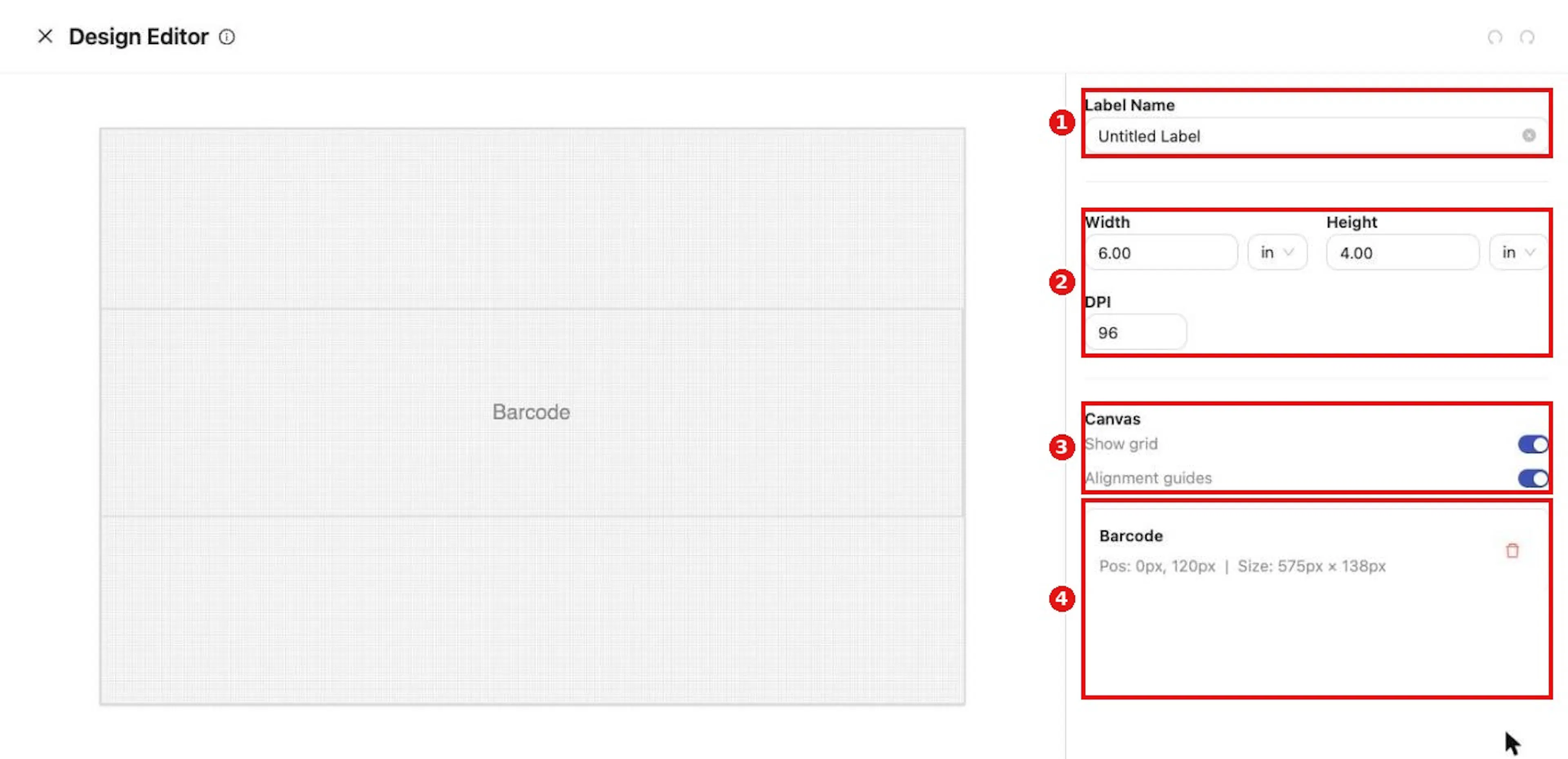 The Design Editor: canvas on the left, template settings and element list on the right.