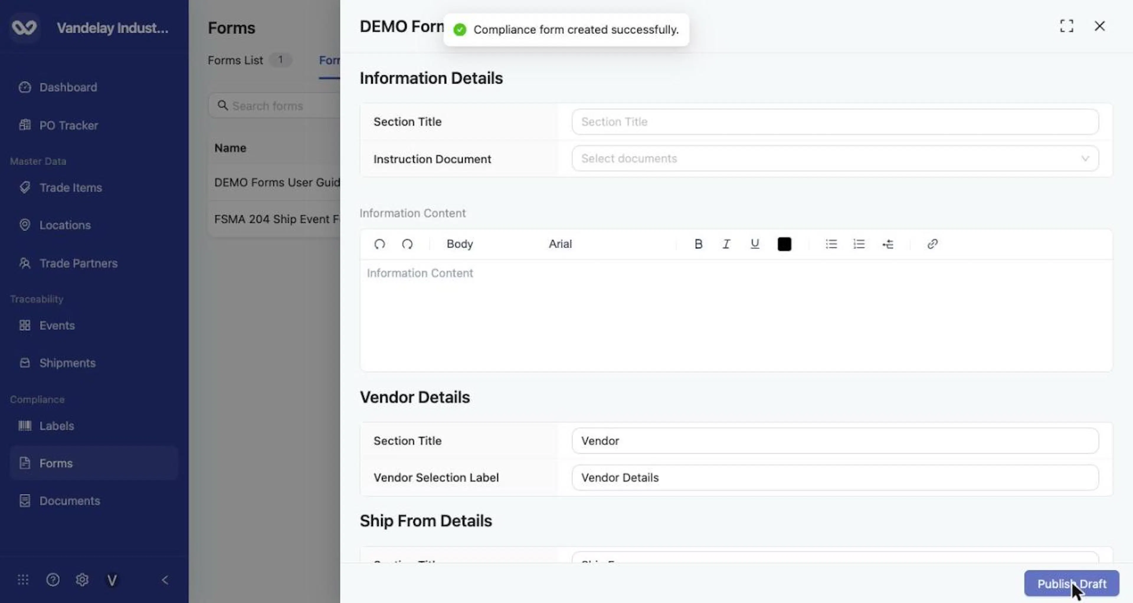 A green notification confirms the form was created and its configuration opens.