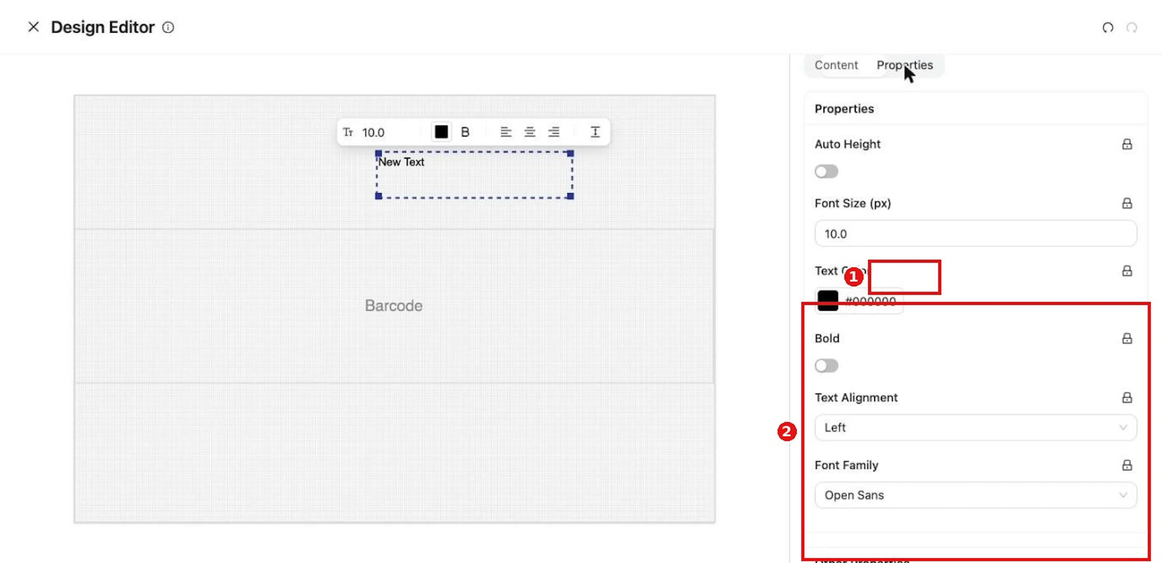 The Properties tab sets size, color, bold, alignment and font.