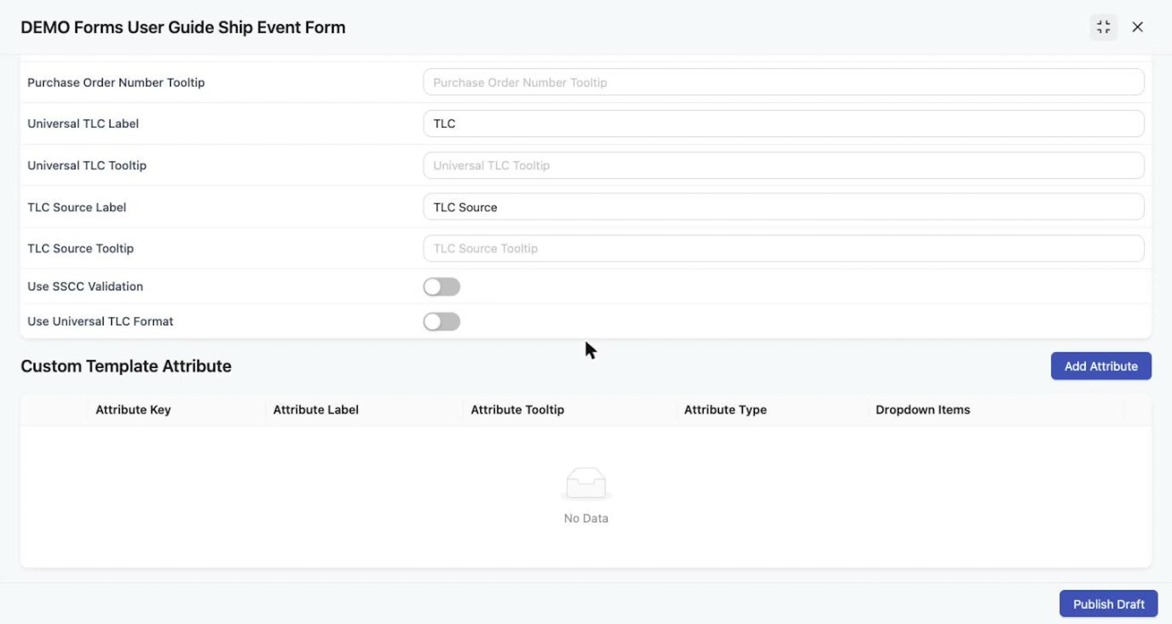 Shipment Details labels and tooltips, with Use SSCC Validation and Use Universal TLC Format switches (both off by default).
