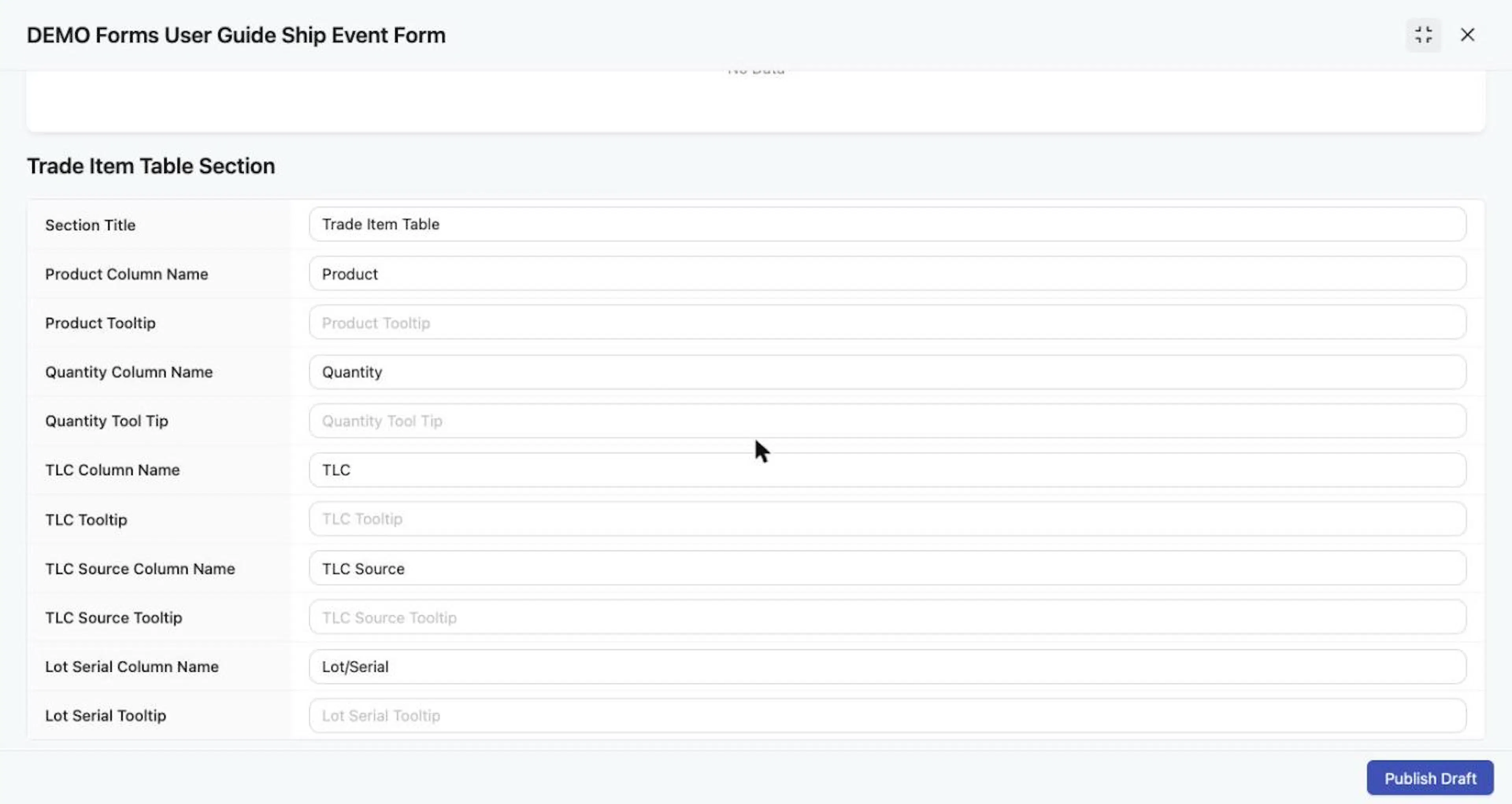Trade Item Table Section: column names and optional tooltips.