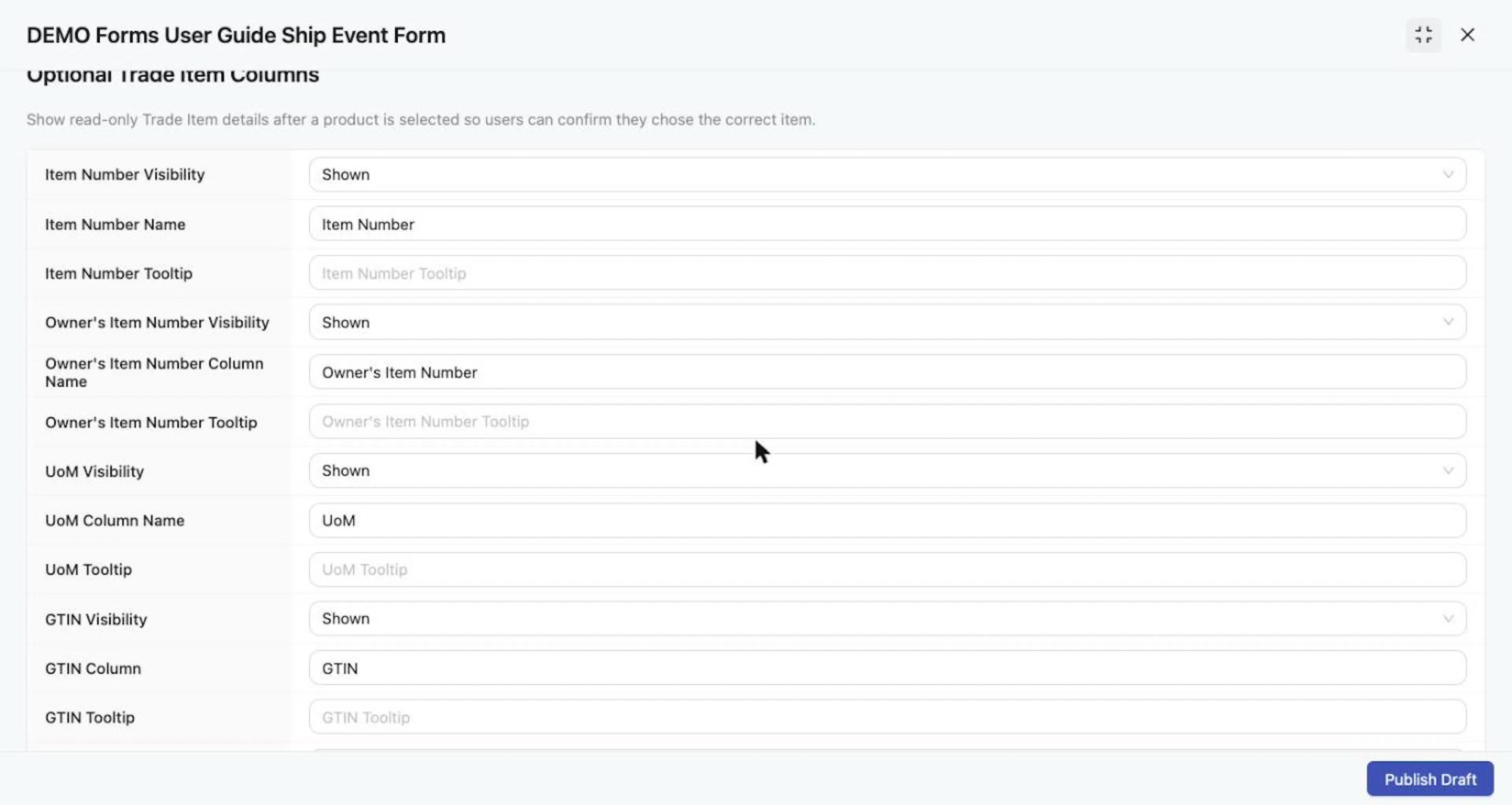 Optional Trade Item Columns: Item Number, Owner's Item Number, UoM and GTIN settings.