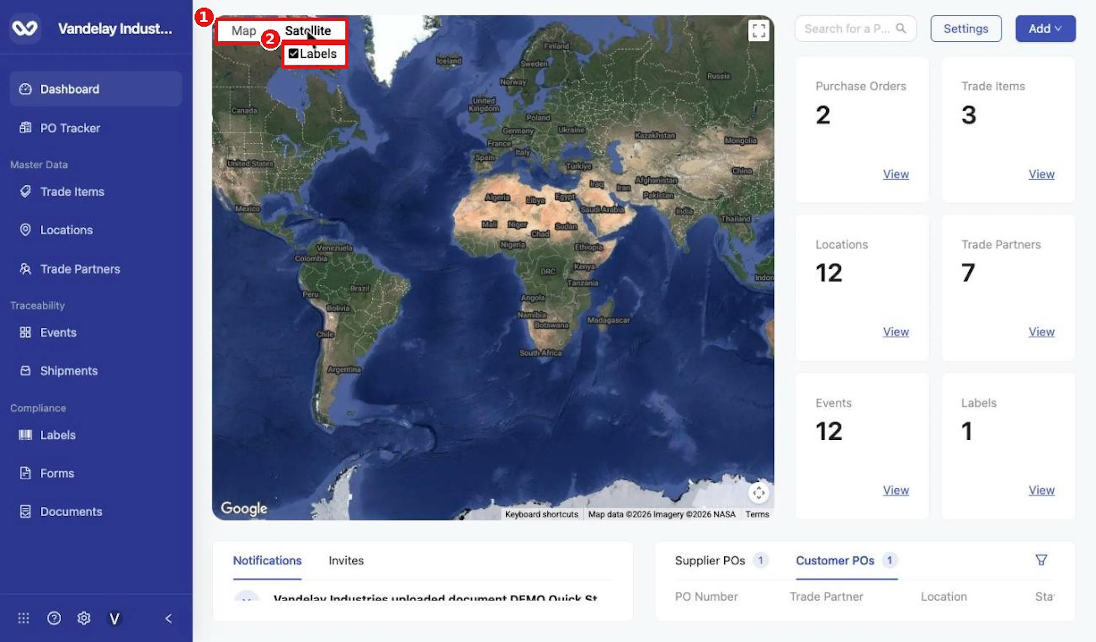 Satellite view with the Labels checkbox.