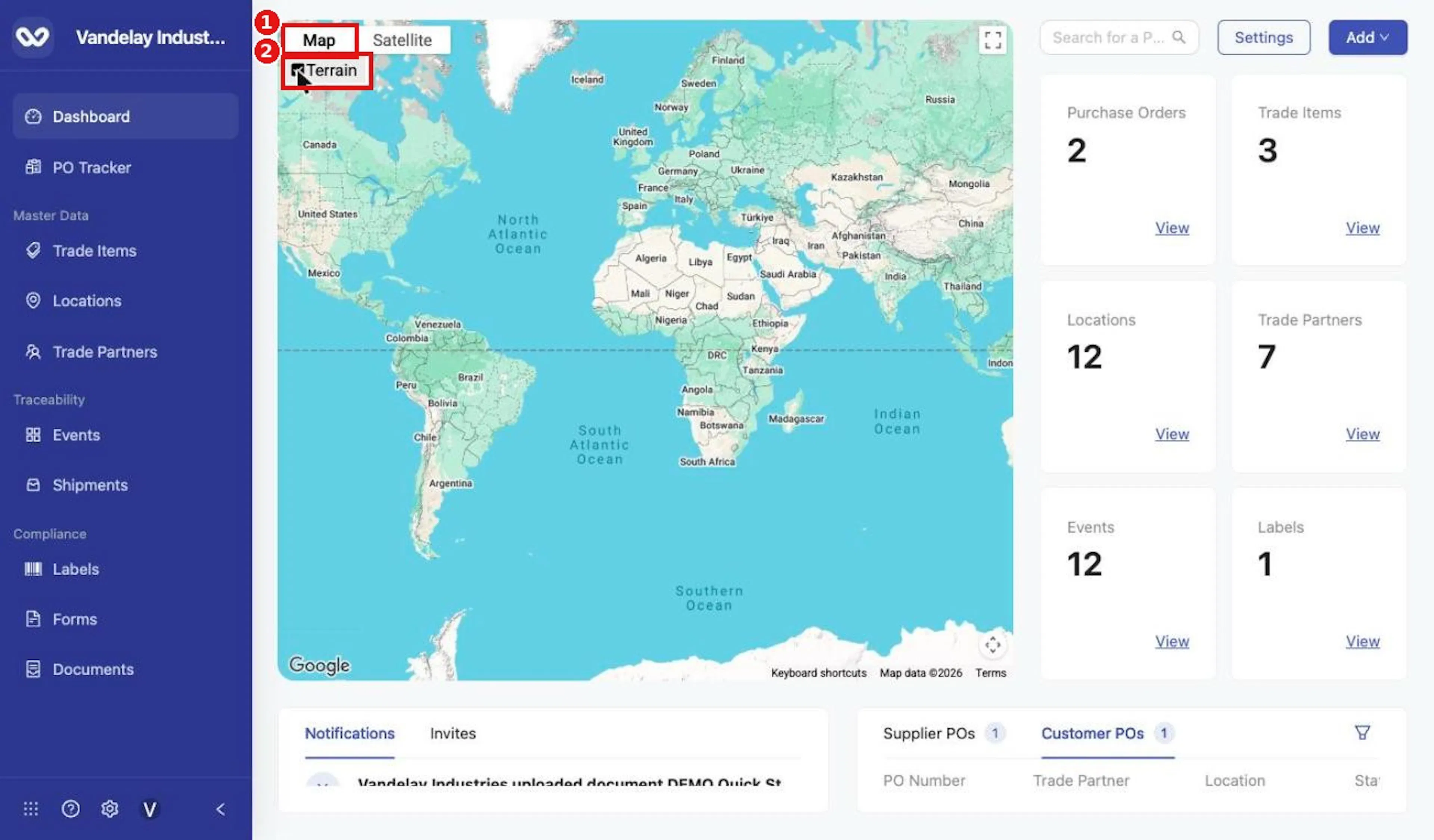 Map view with the Terrain checkbox.