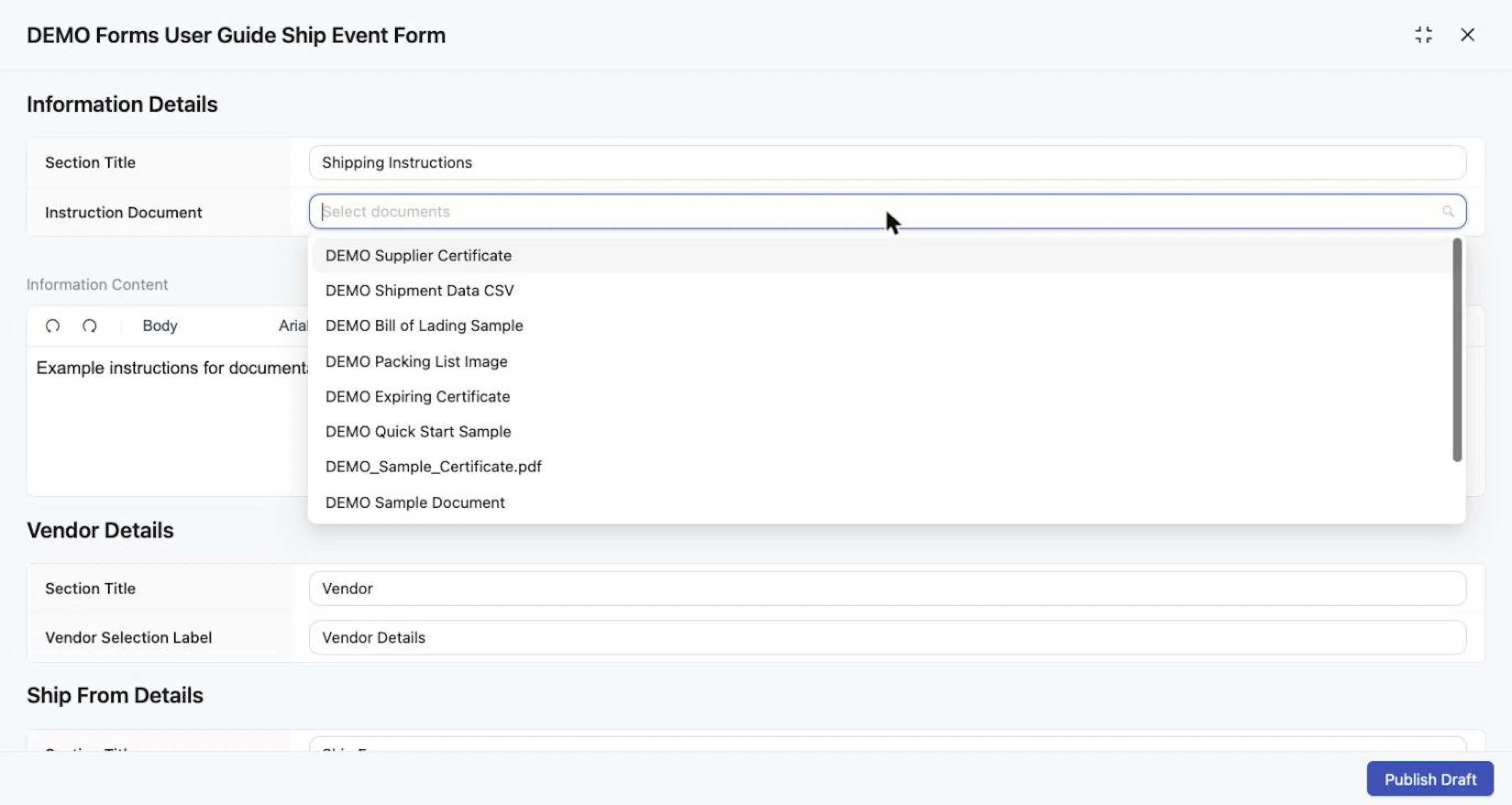 Instruction Document lists existing documents from the Documents module.