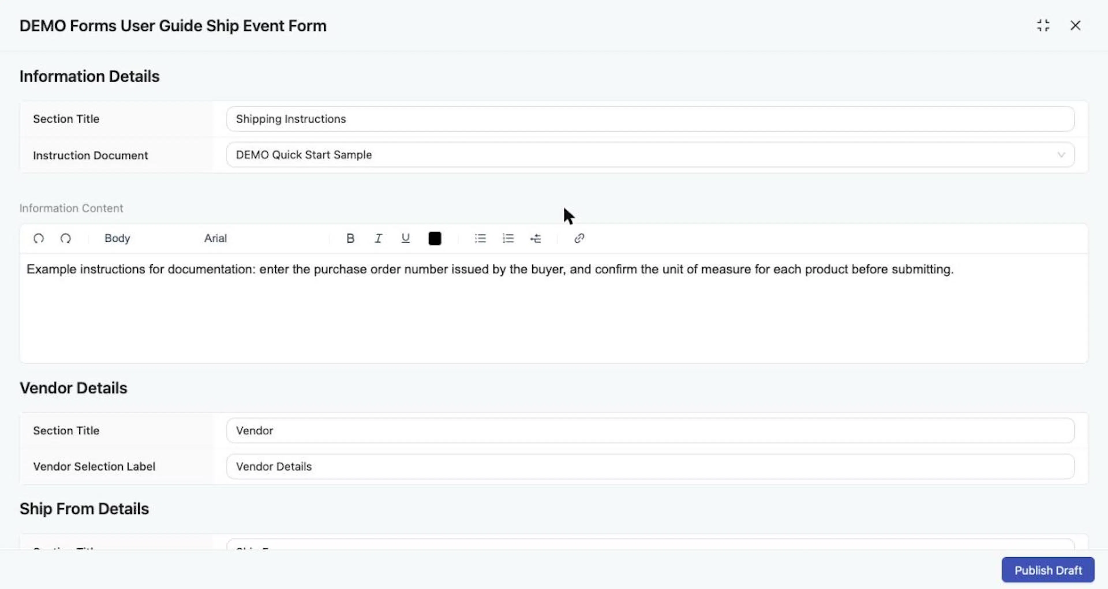 Information Details with a Section Title, an Instruction Document and Information Content.