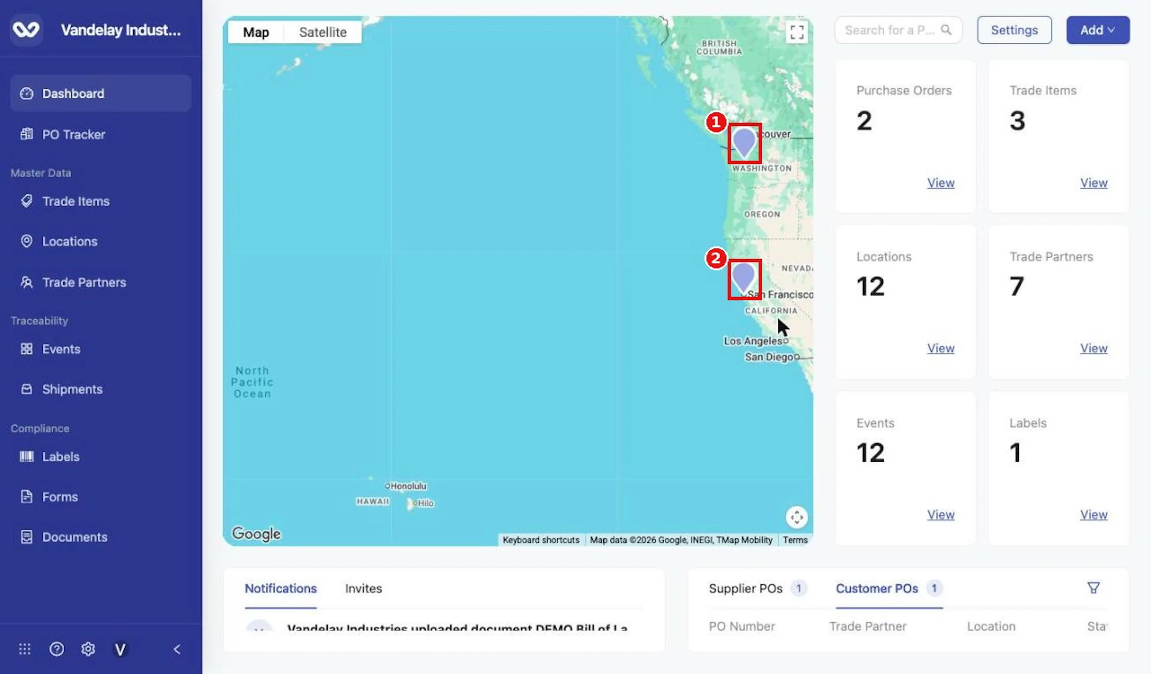 Zoomed in, waypoints appear as pins.