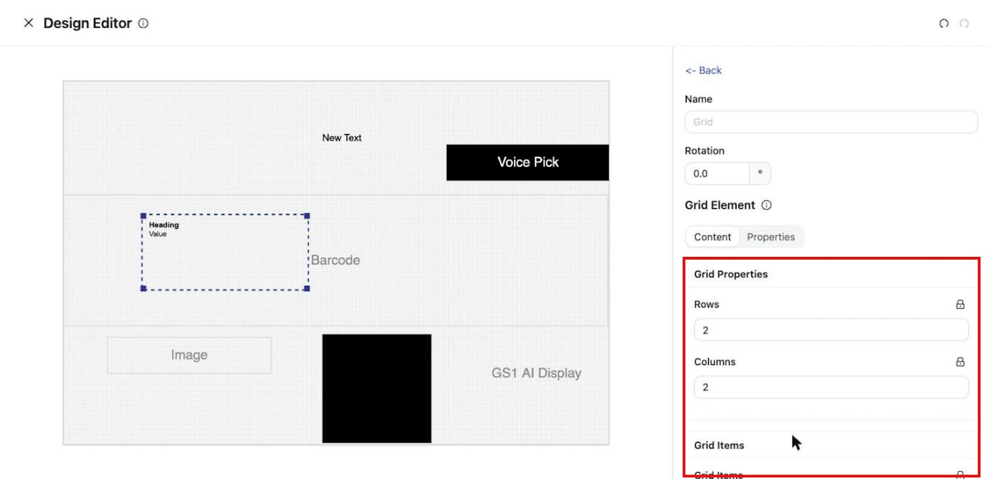 A Grid element: set Rows and Columns, then fill in the Grid Items.