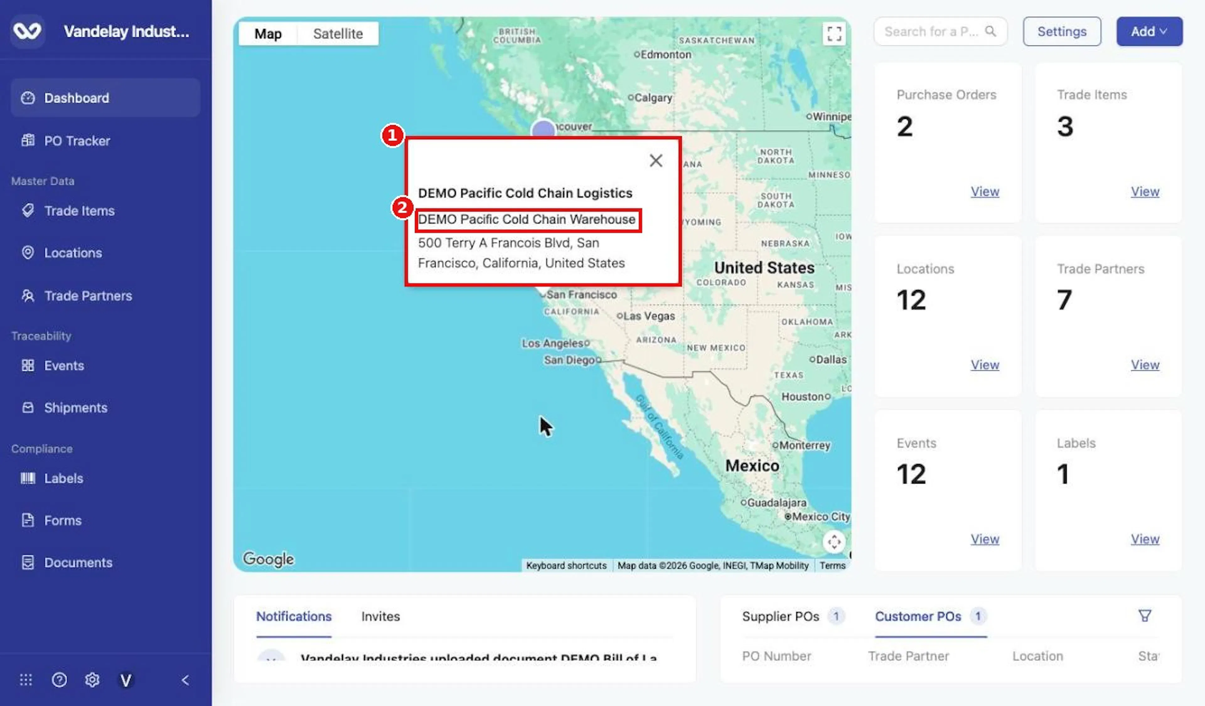 A waypoint pop-up with address details.