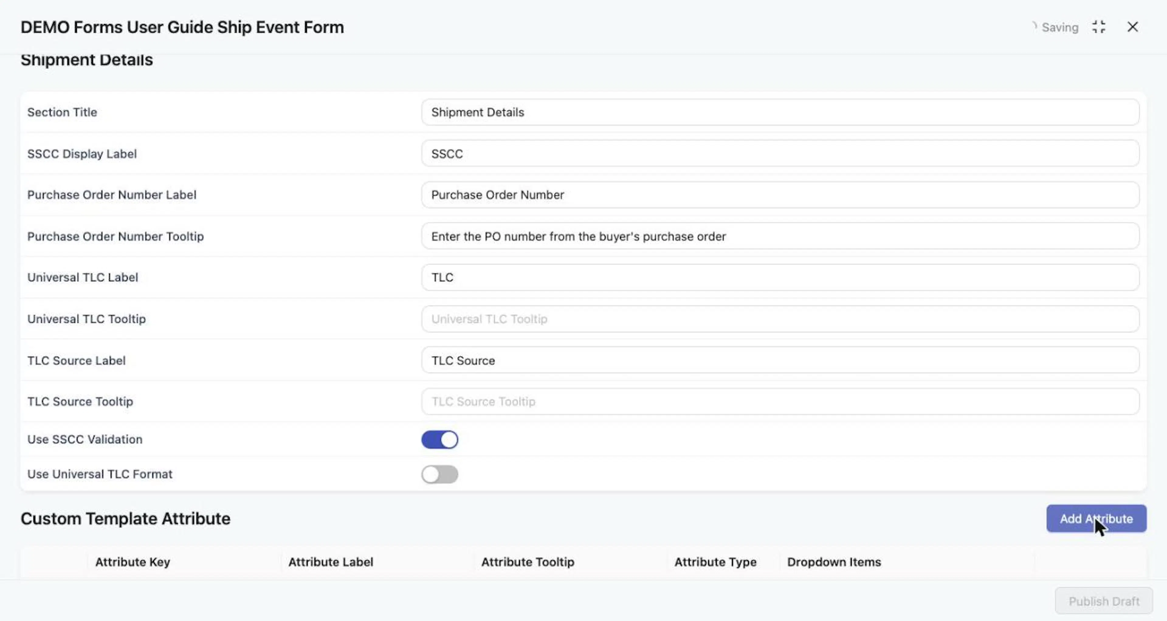 Use SSCC Validation switched on; the Saving indicator shows while the change saves.
