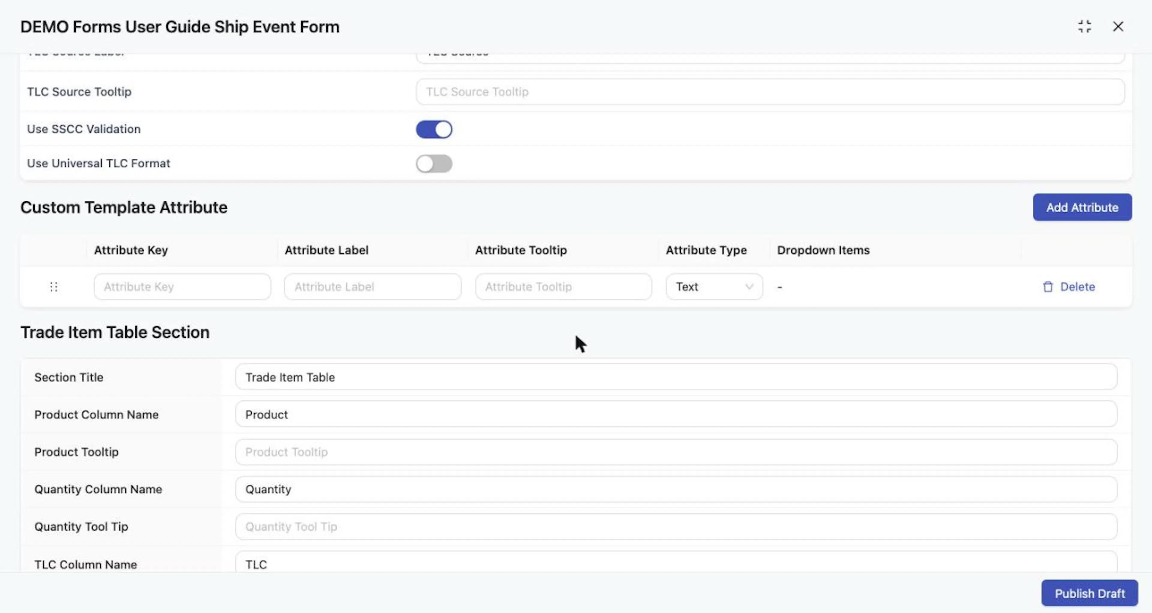 A custom attribute row with key, label, tooltip and type.