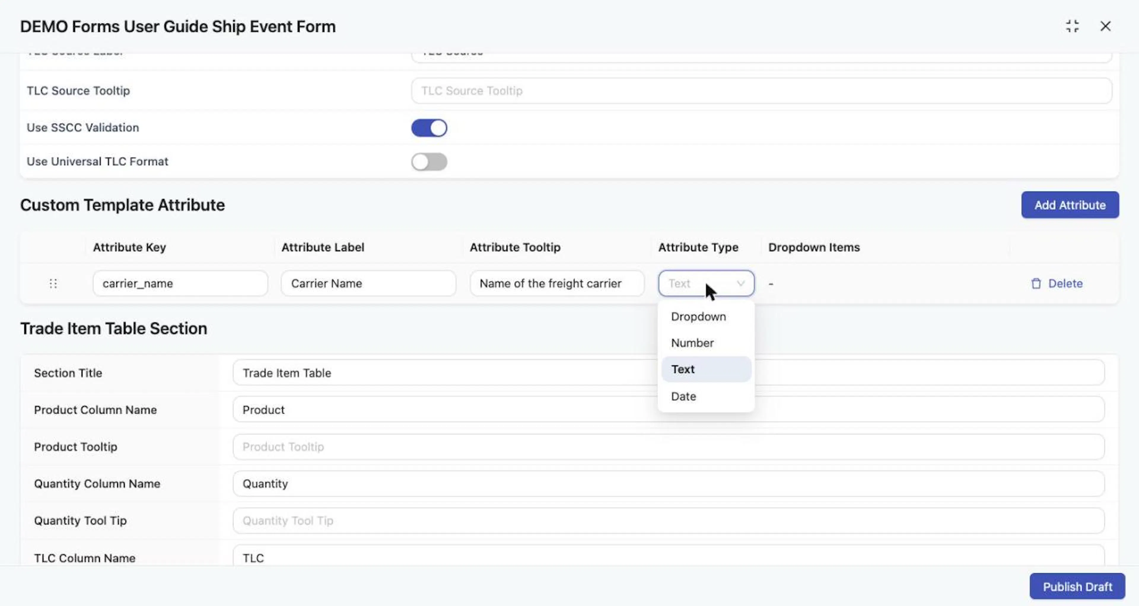 Attribute Type choices: Dropdown, Number, Text, Date.