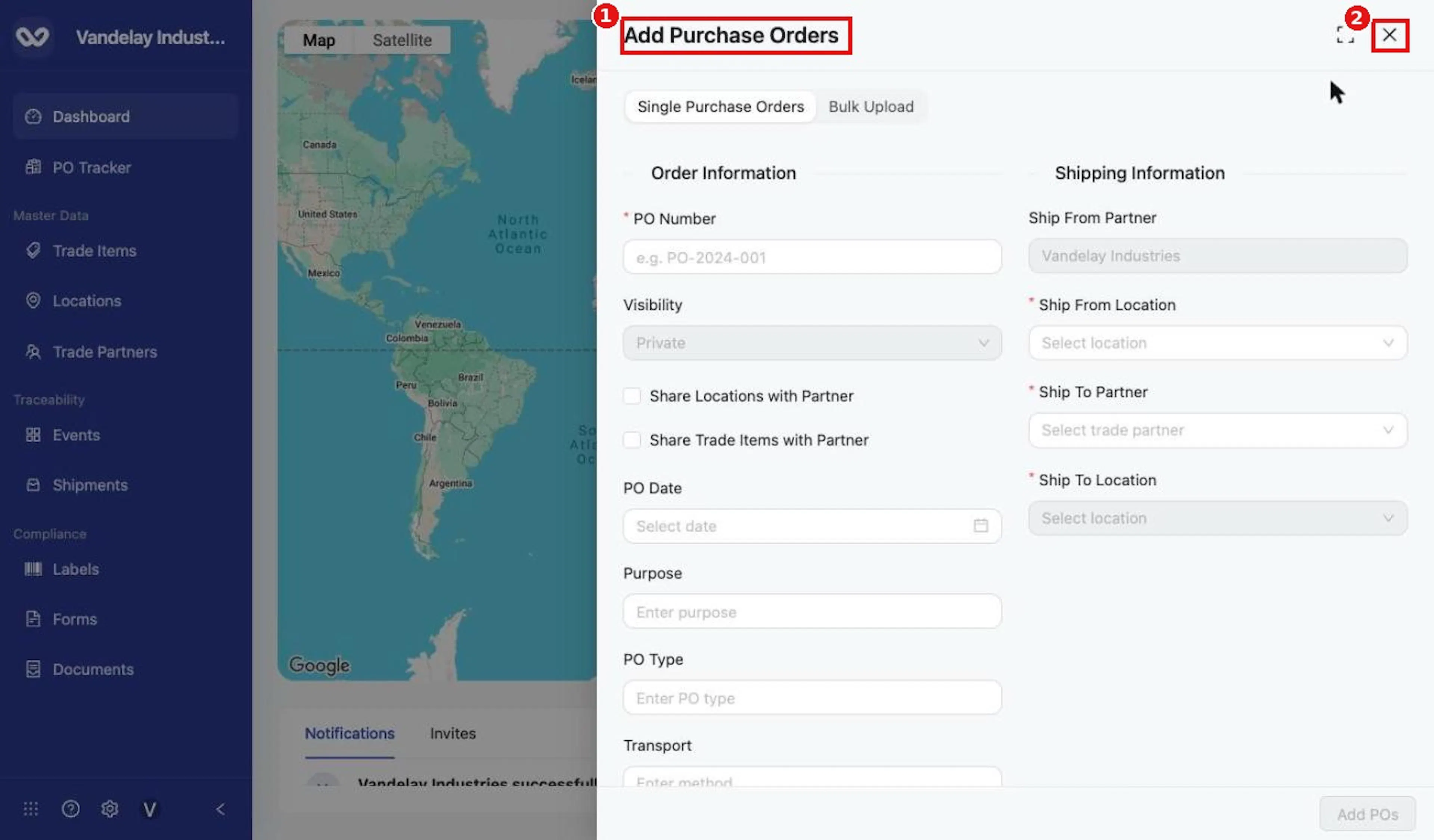 The Add Purchase Orders drawer, with the X to close it.