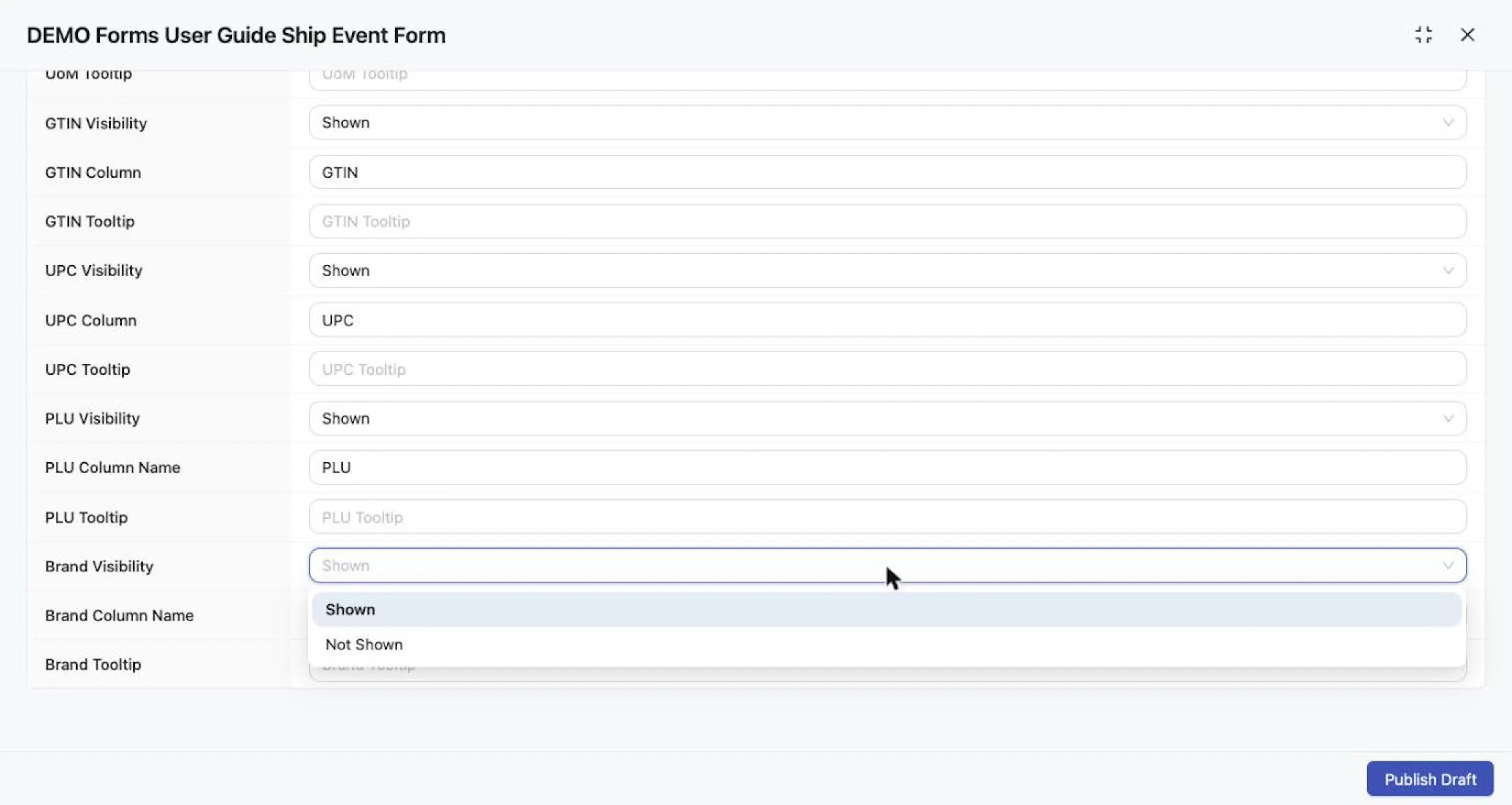 Each optional column has a Visibility setting: Shown or Not Shown.