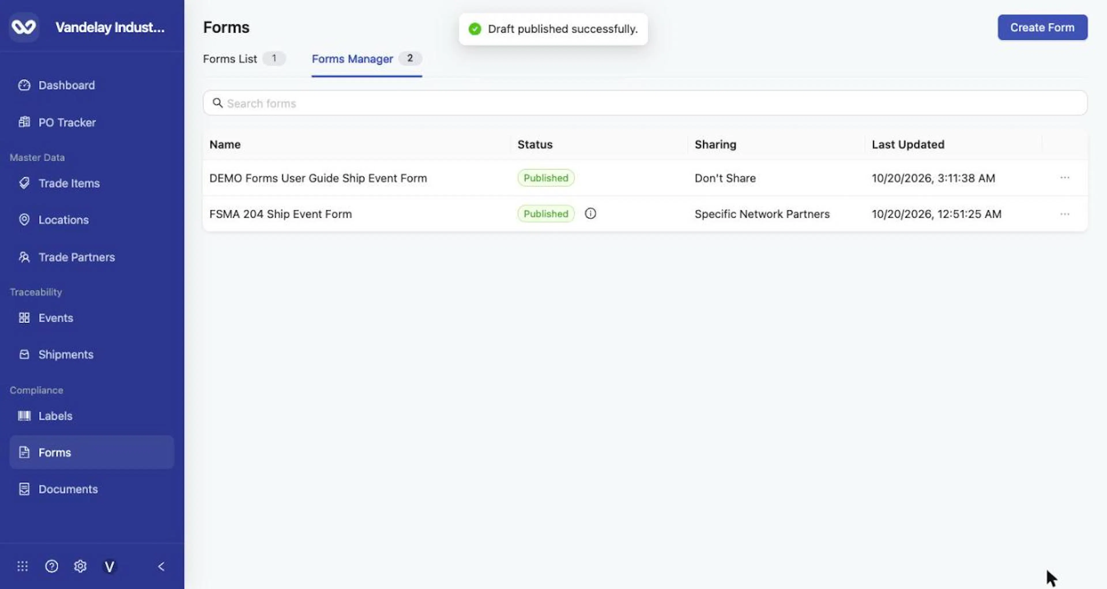 Publishing shows 'Draft published successfully.' and the form Status becomes Published.