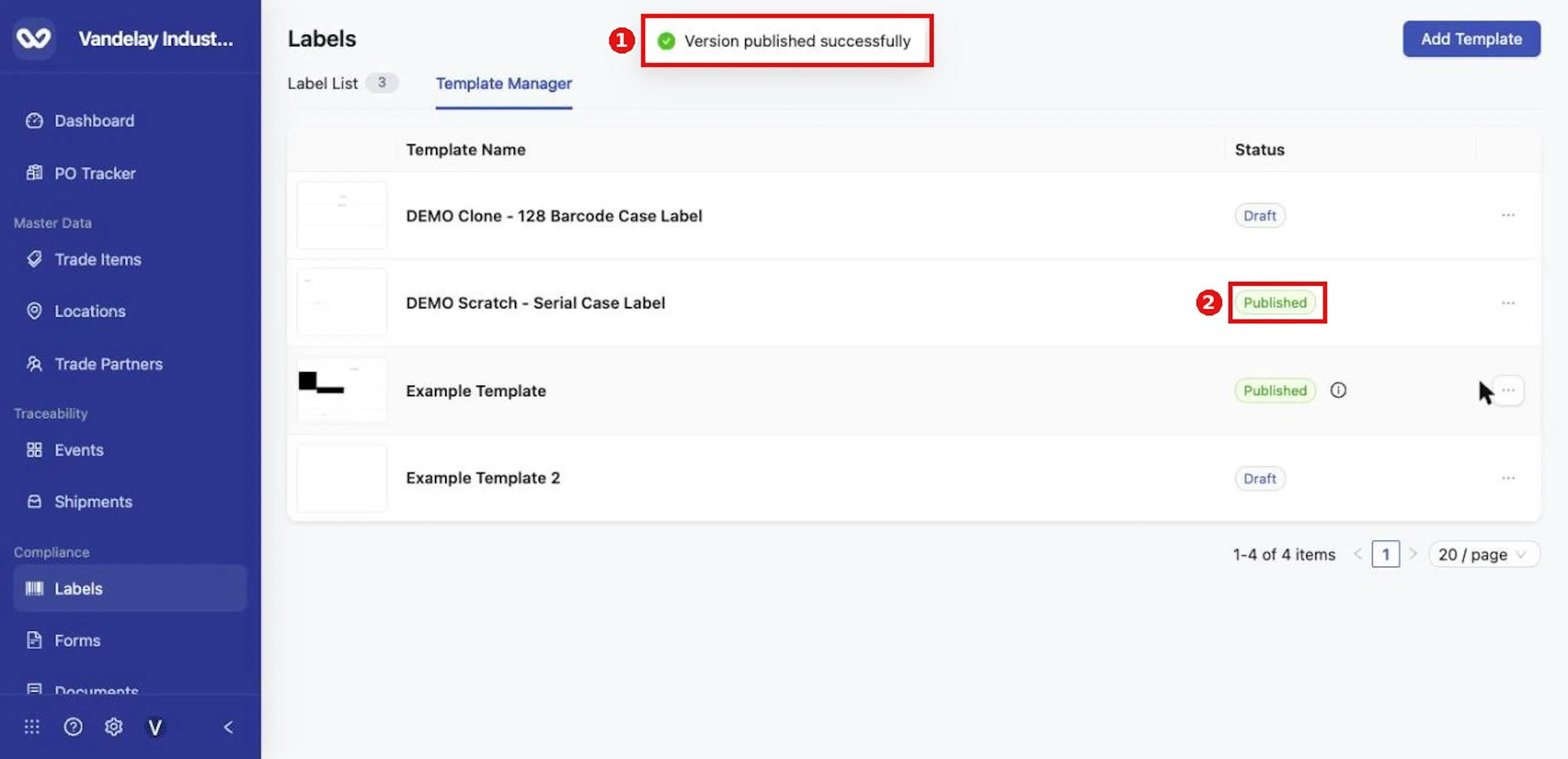 Version published successfully confirms the publish, and the Status changes to Published.