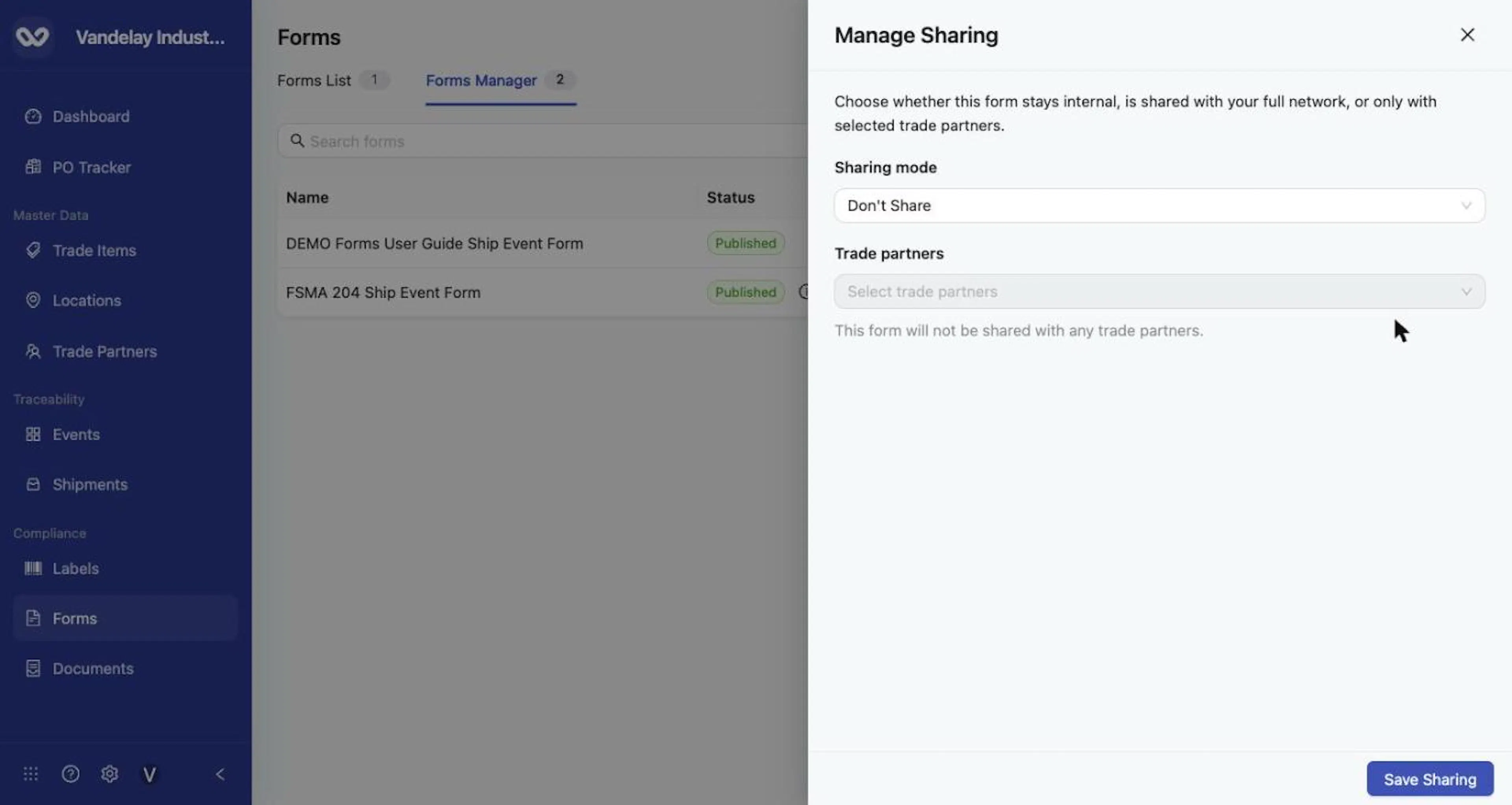 Manage Sharing: Sharing mode, Trade partners and Save Sharing.
