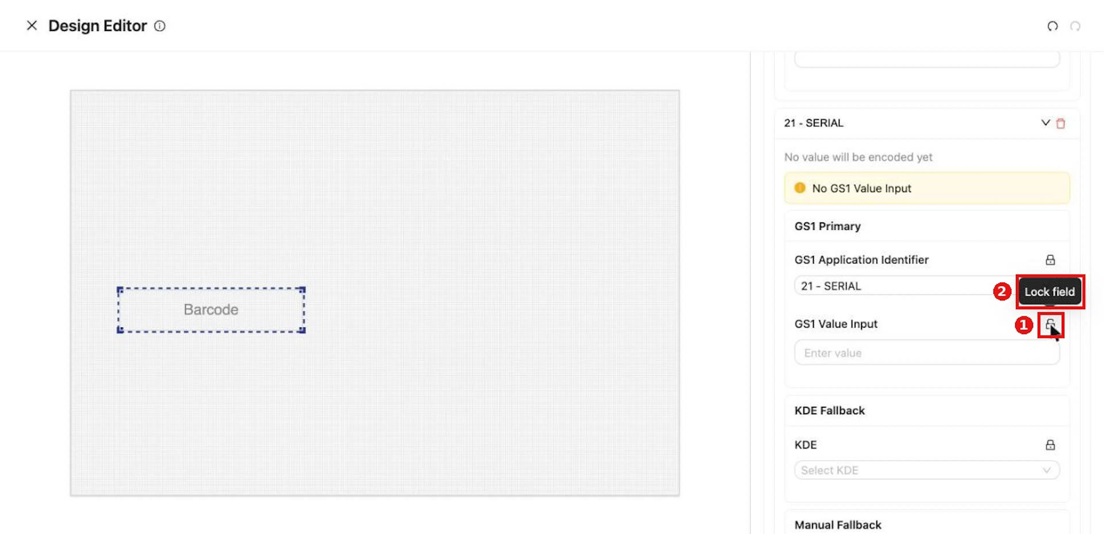Lock icons in the Design Editor fix a setting in the template. Tooltip: Lock field or Unlock field.