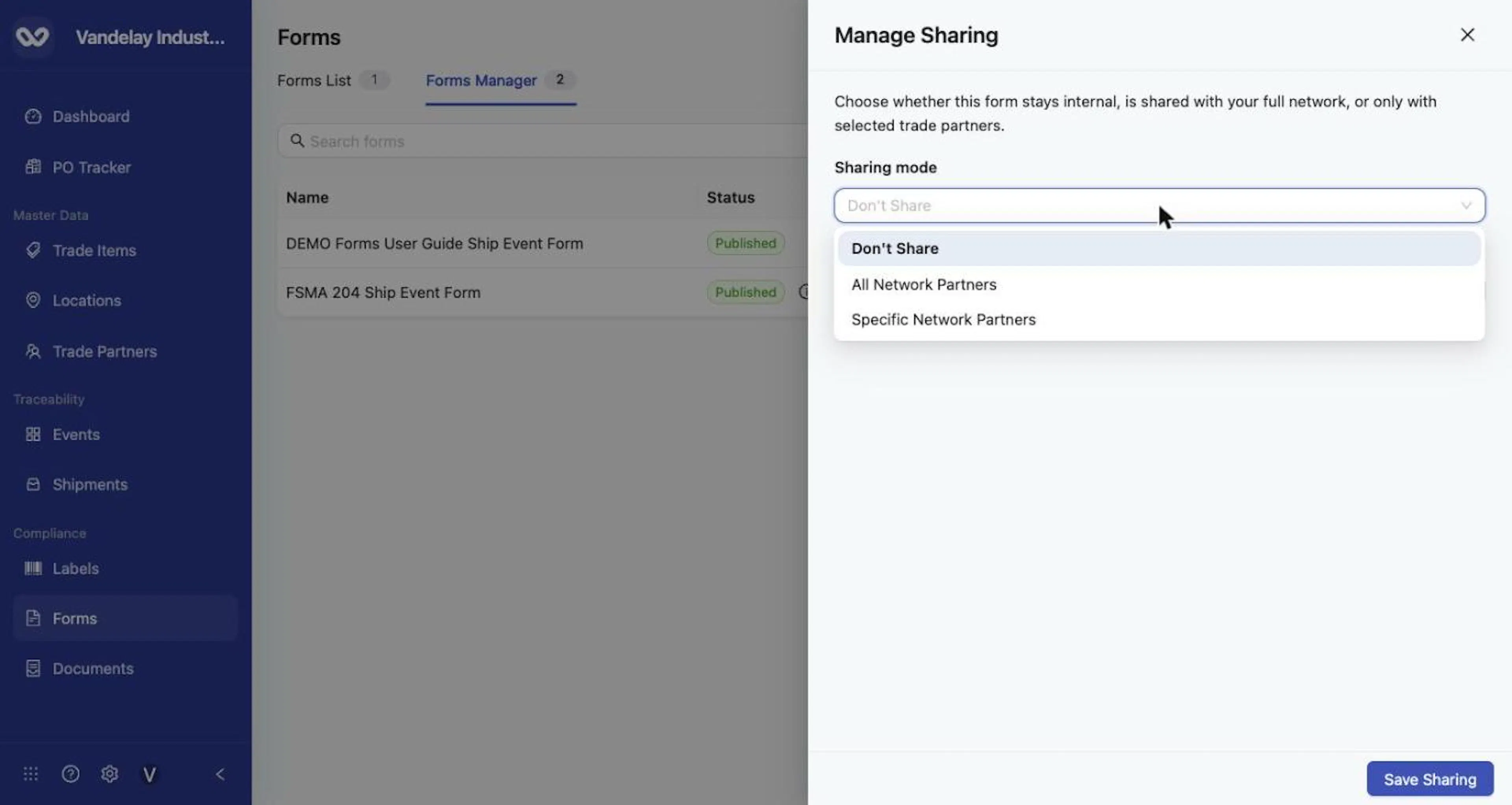 Sharing modes: Don't Share, All Network Partners, Specific Network Partners.