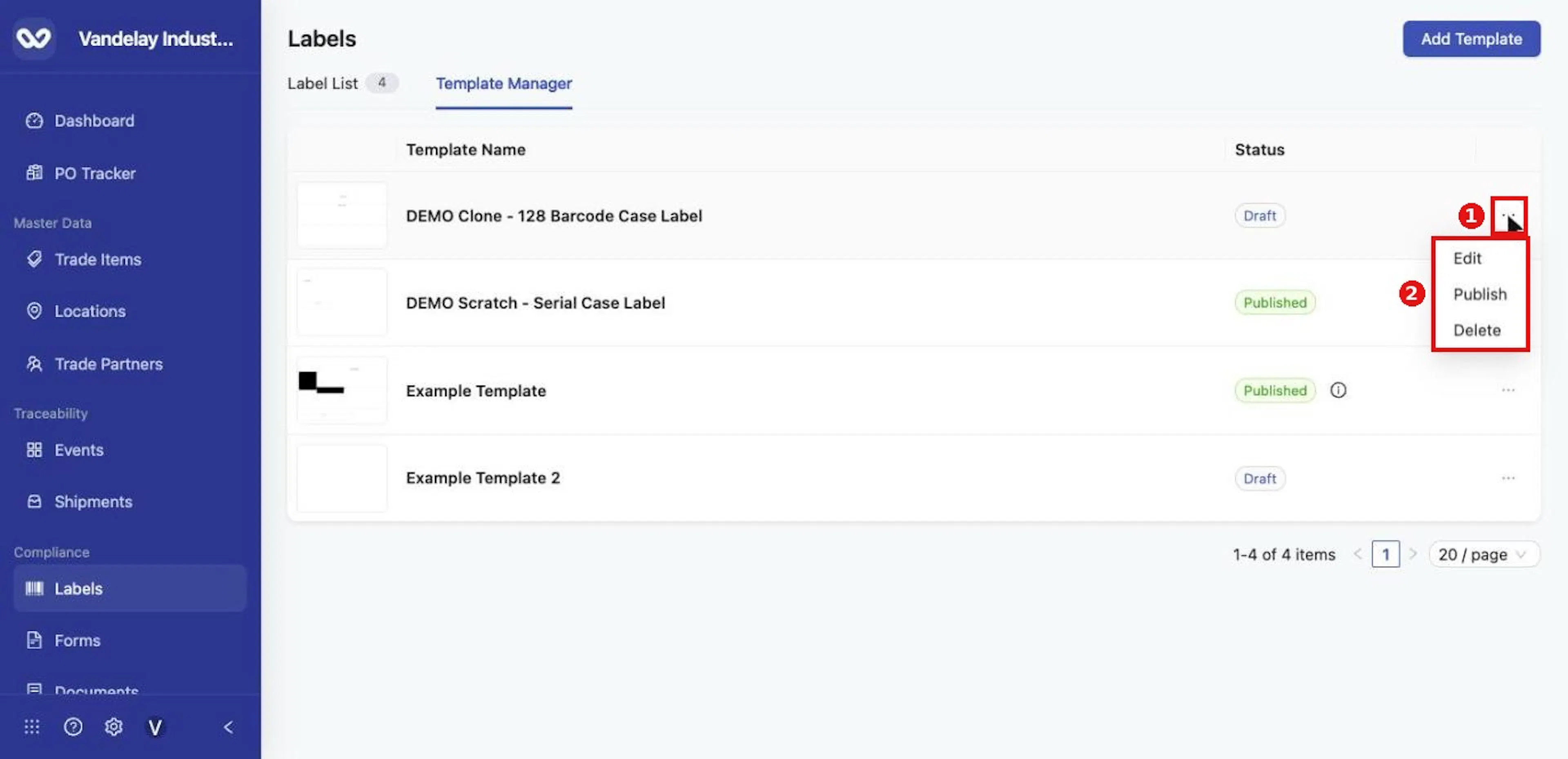 A Draft template's row menu offers Edit, Publish and Delete.