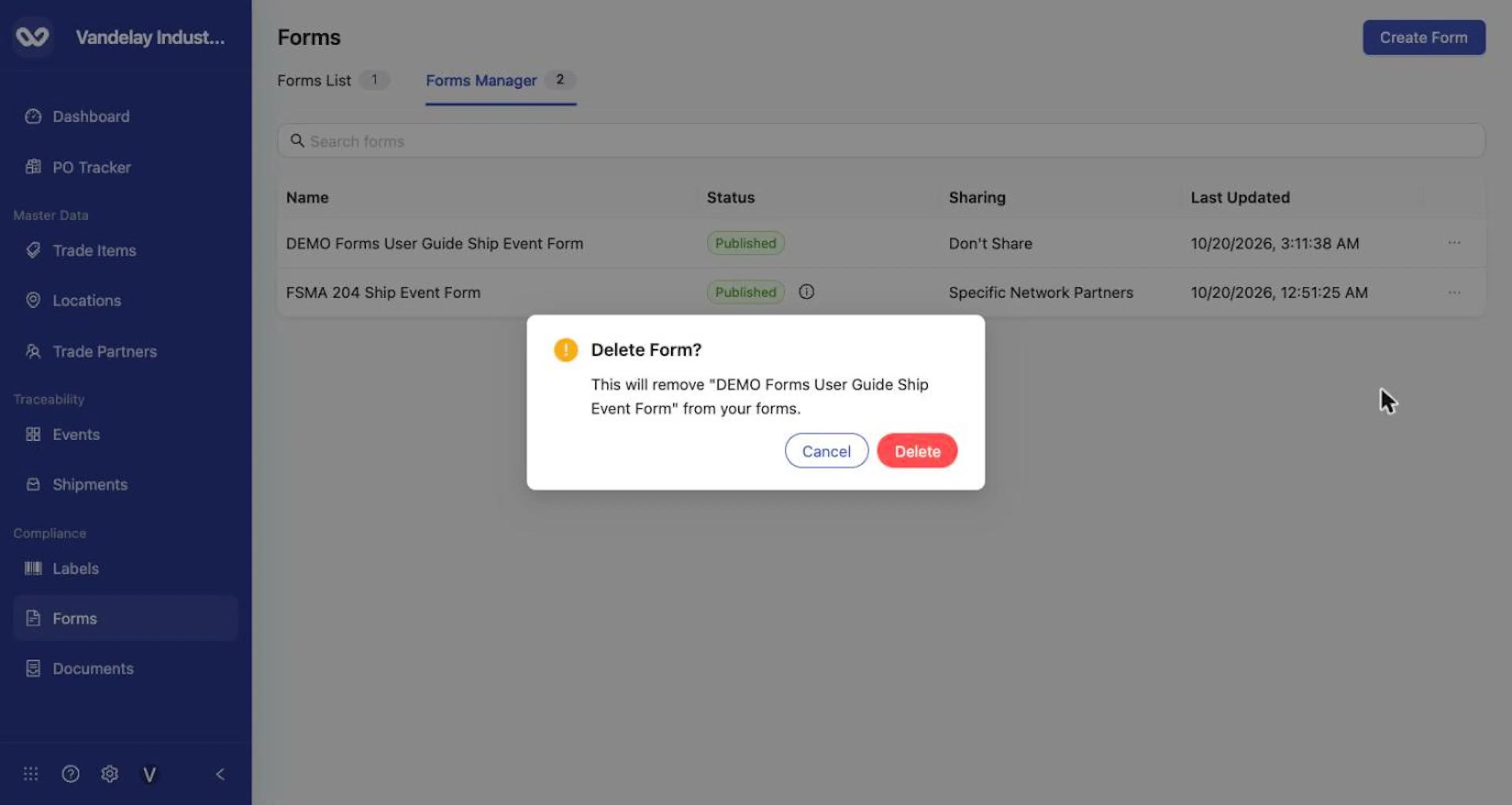 The Delete Form? confirmation names the form and offers Cancel and Delete.