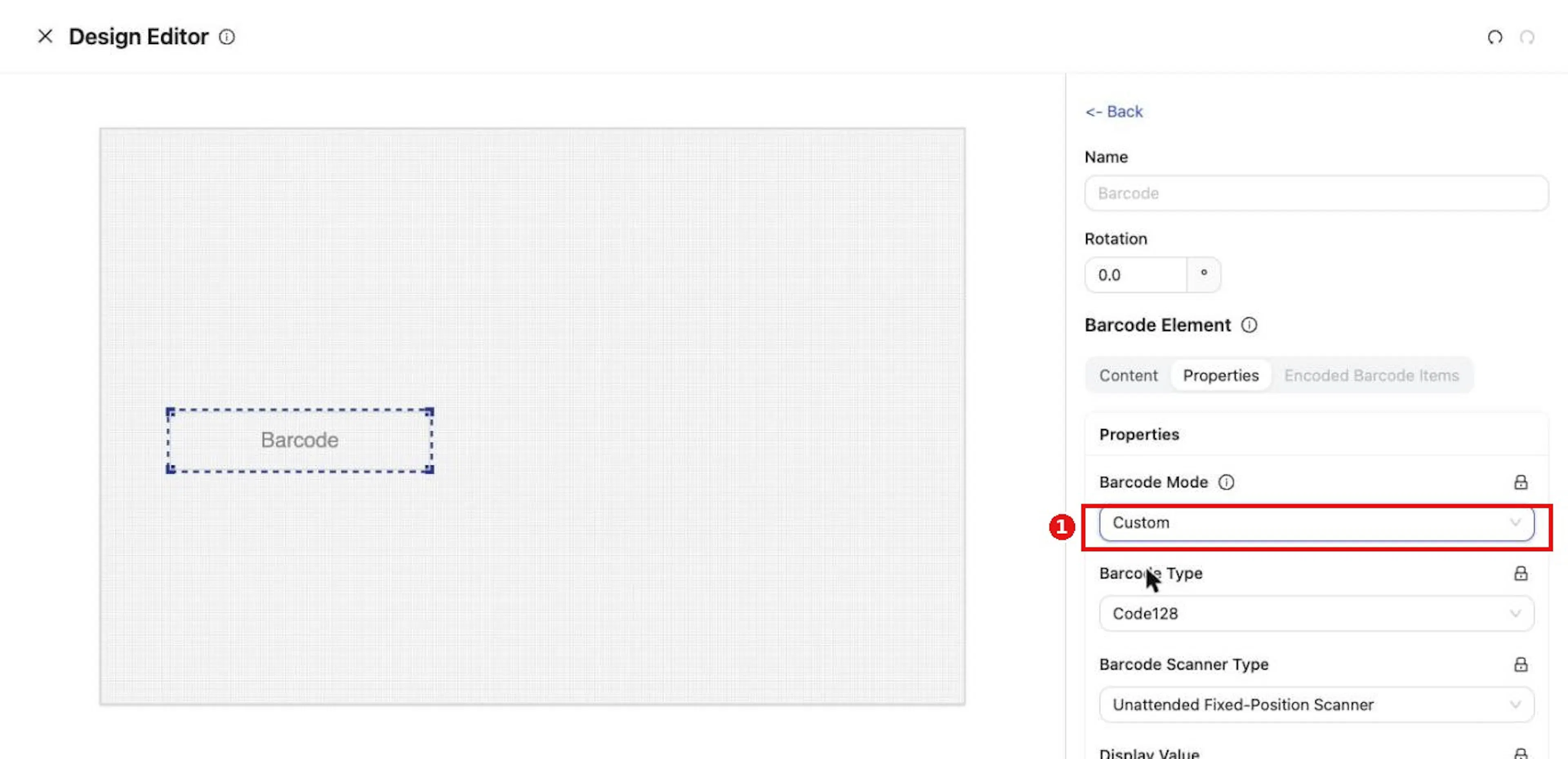 Custom mode encodes fixed Content; Collector mode builds the barcode from Encoded Barcode Items.