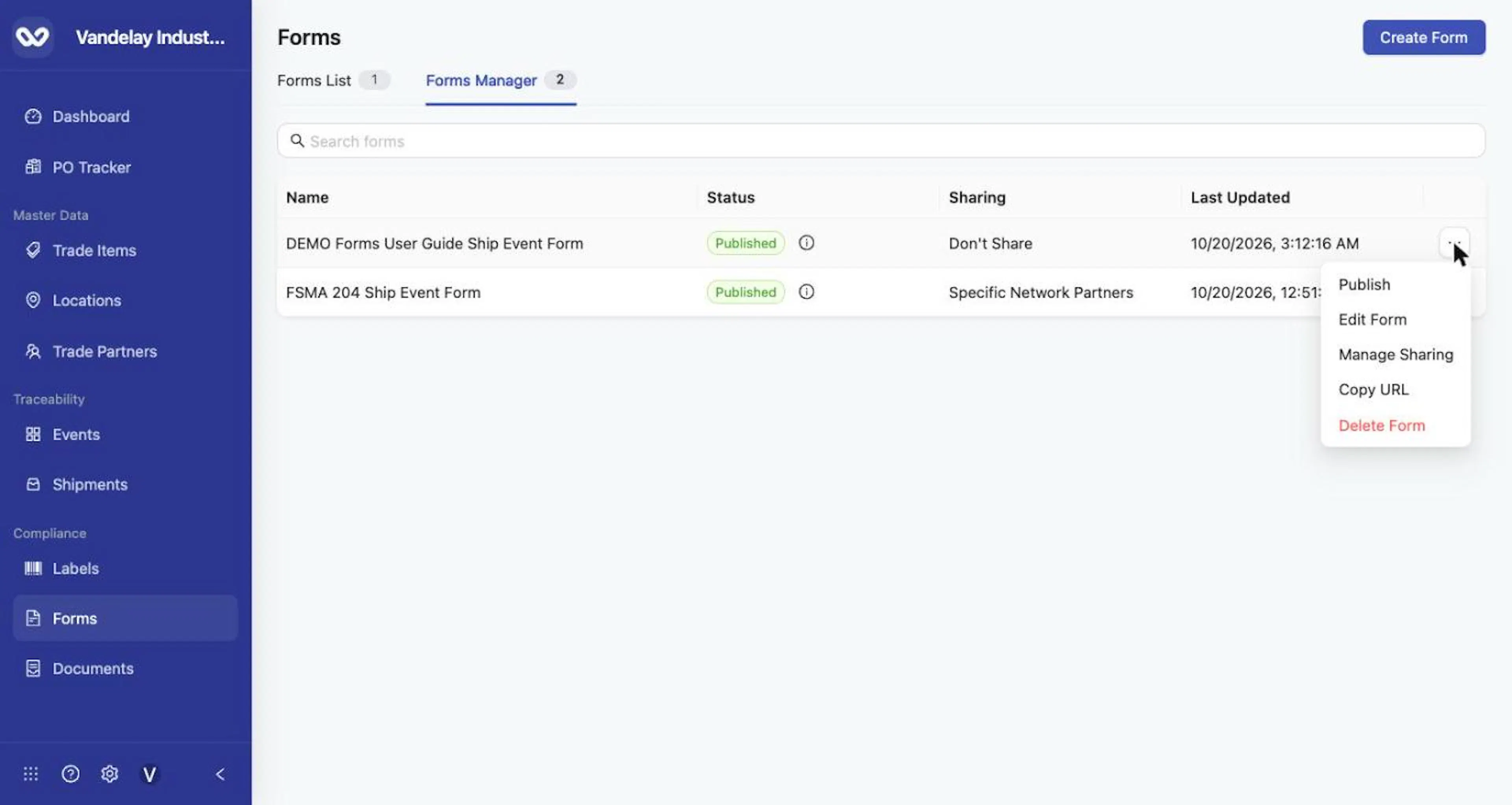 Publish appears in the row menu only when there are unpublished edits.