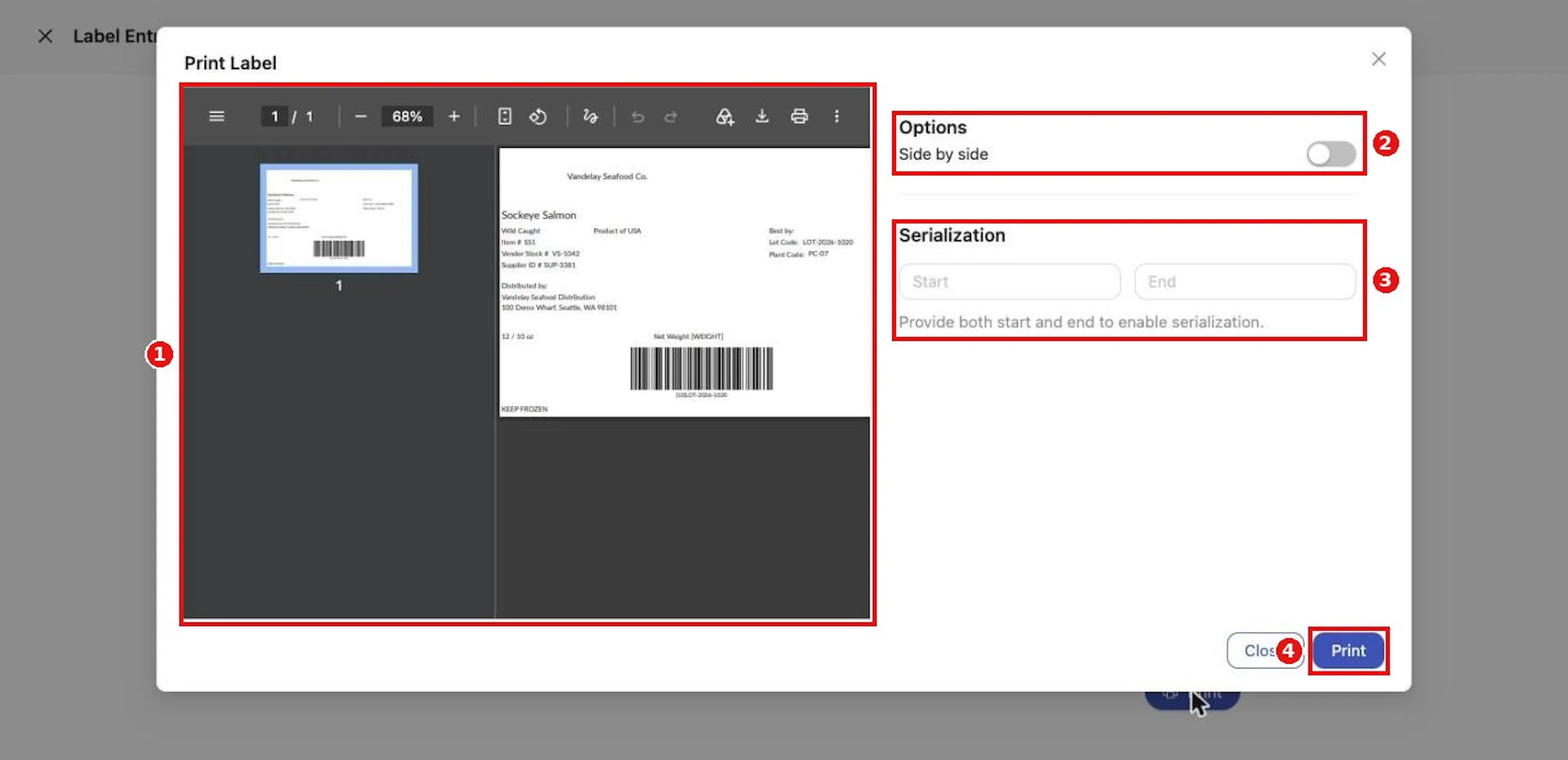 Print Label shows the PDF preview with the Side by side and Serialization options.